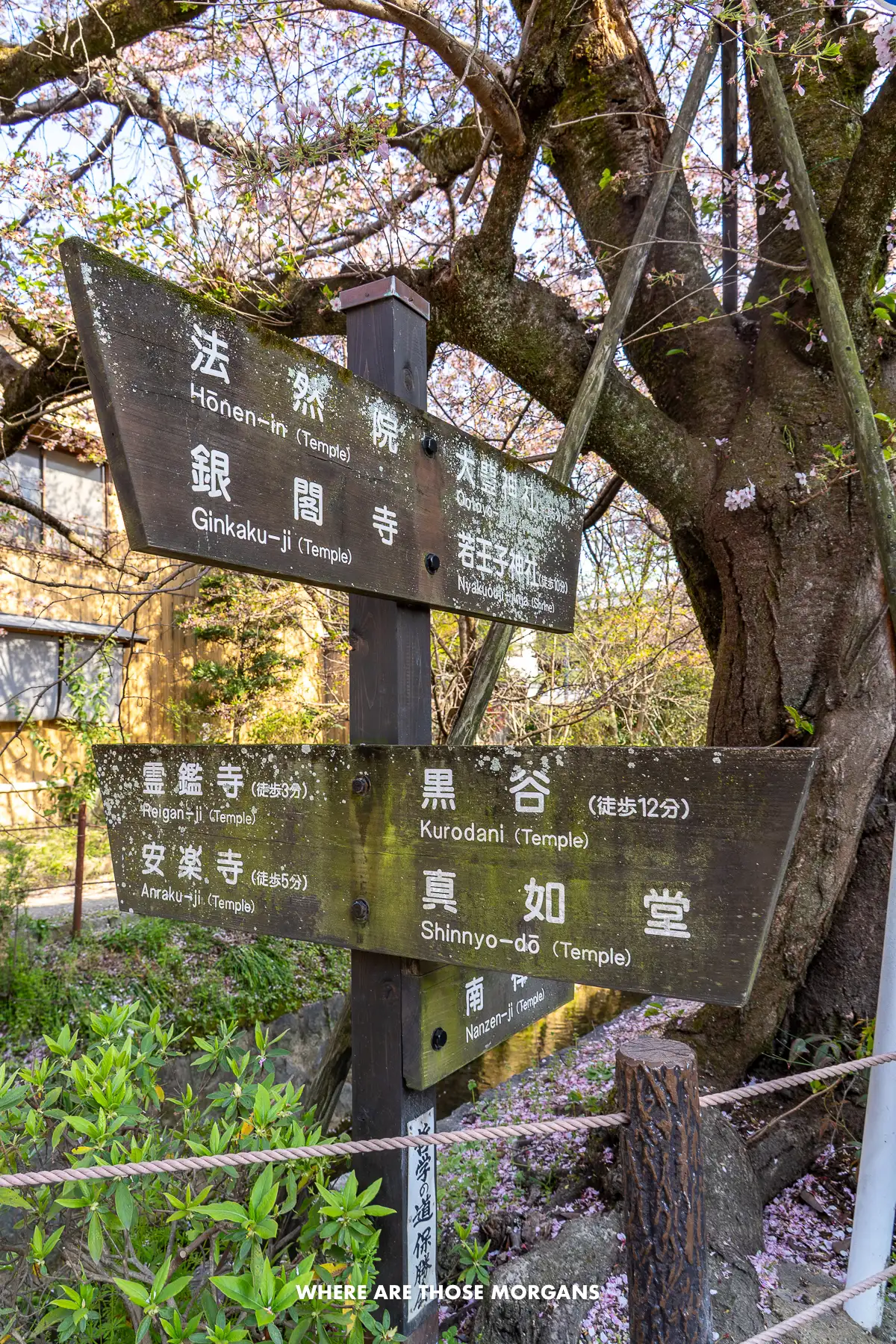 Wooden sign showing directions to temples and attractions around Kyoto