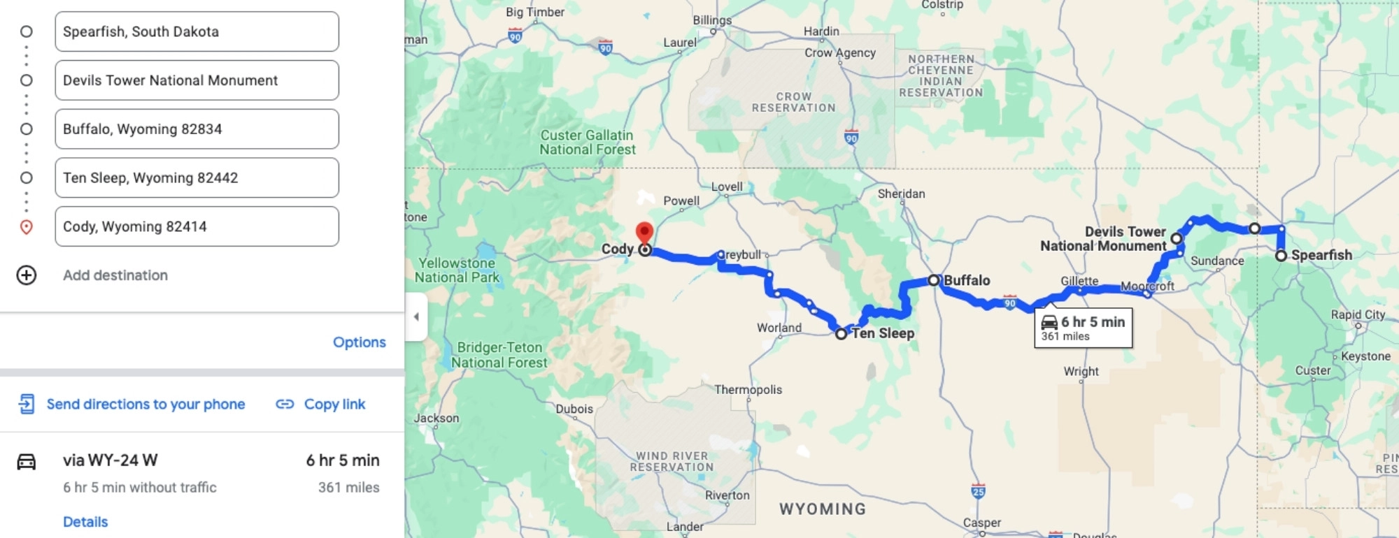 Map showing a driving route from Spearfish SD to Cody WY