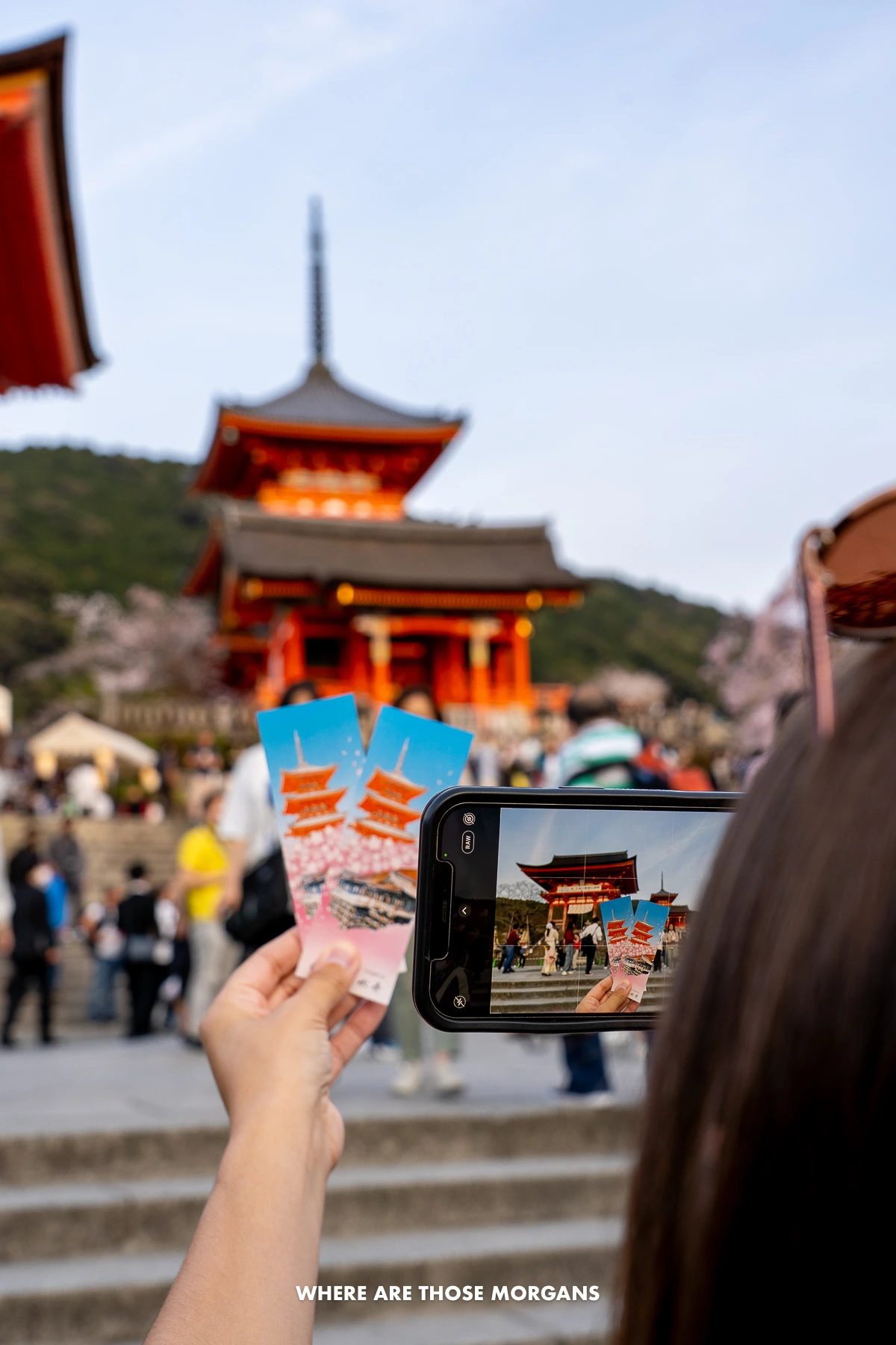 Phone taking a photo of tickets held out in front of shrine and pagoda in Japan