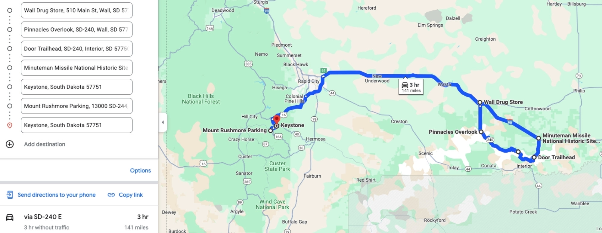 Map showing a driving route from Wall to Keystone in South Dakota