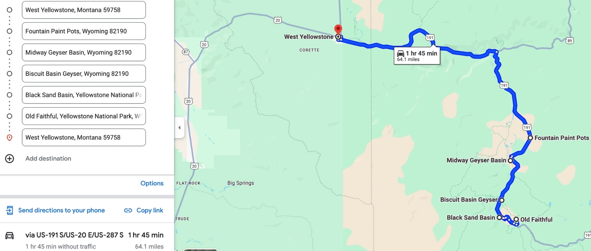 Map showing a driving route into Yellowstone round trip from West Yellowstone MT