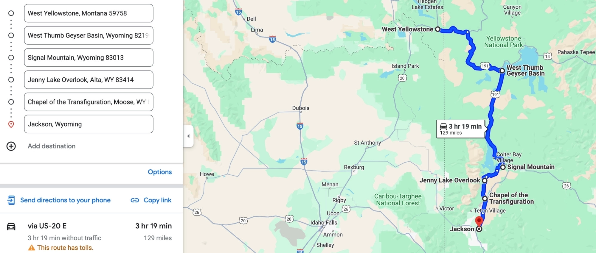 Map showing a driving route from West Yellowstone MT to Jackson WY through Old Faithful