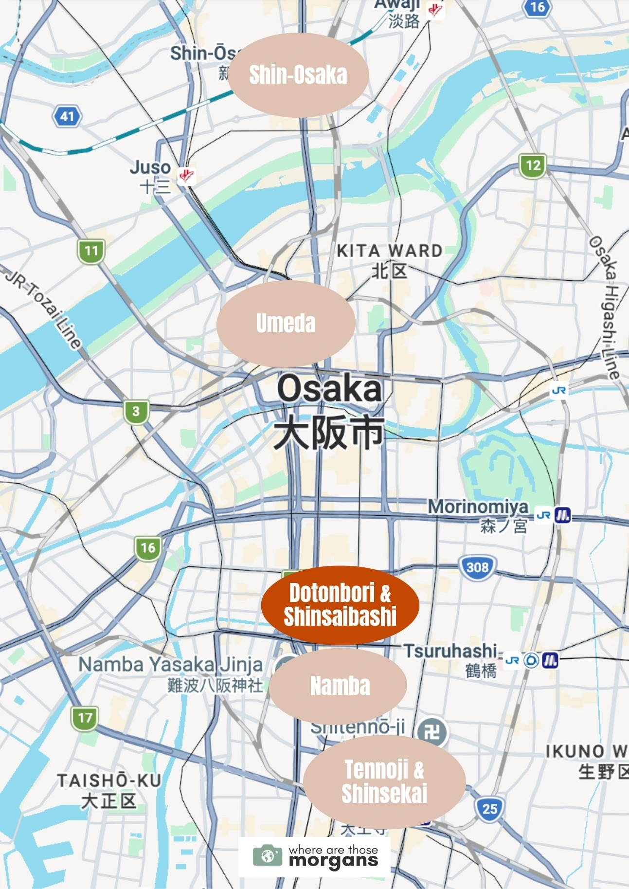 Map showing the location of the Dotonbori and Shinsaibashi neighborhoods within Osaka