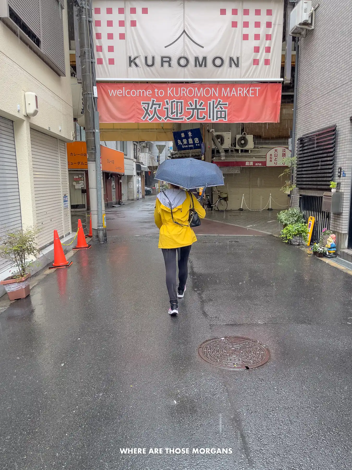 Kristen from Where Are Those Morgans walking into Kuromon Market in Japan