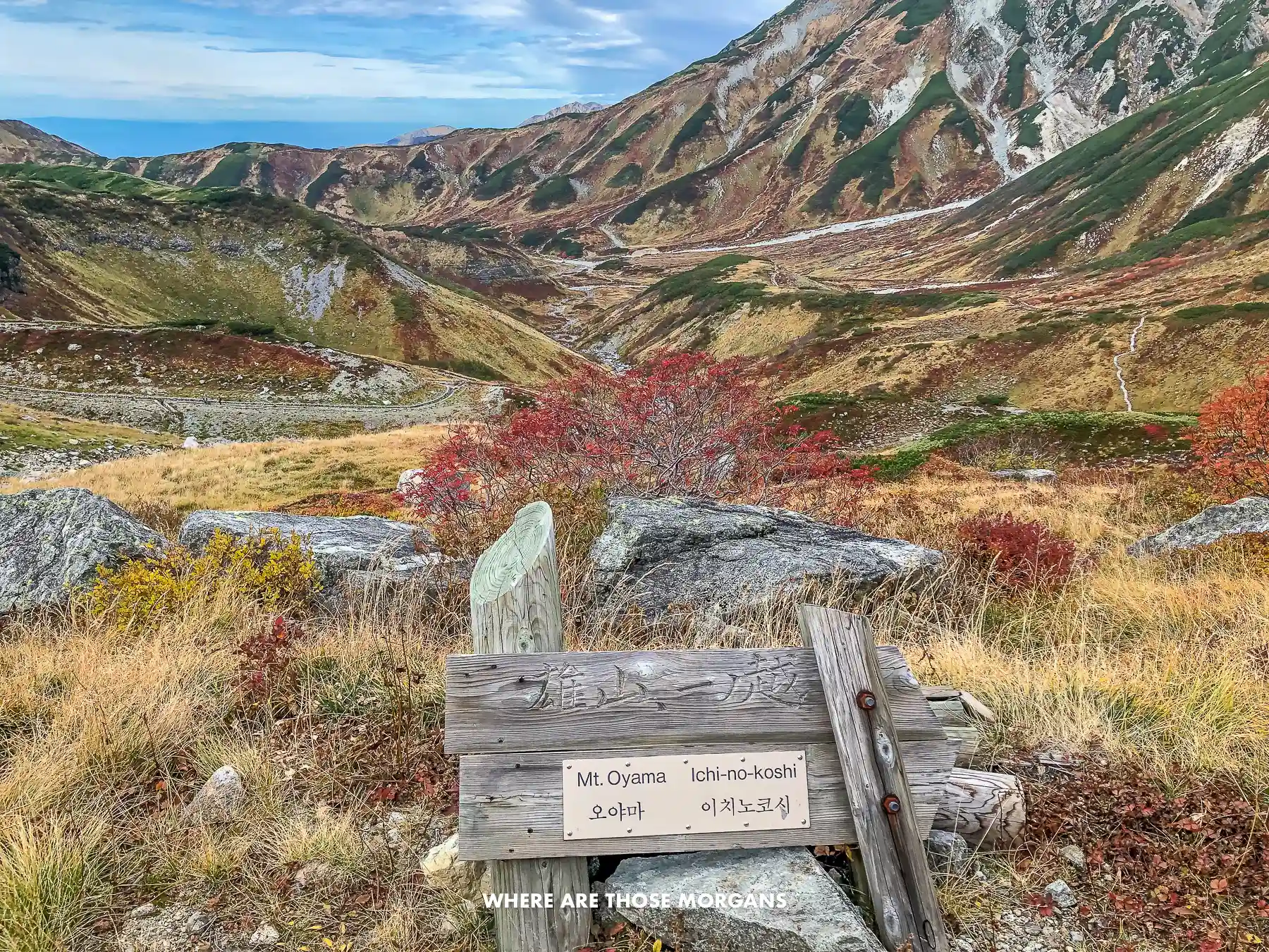 Hiking sign for Mt Oyama with striking hills and mountains behind in the Japanese Alps