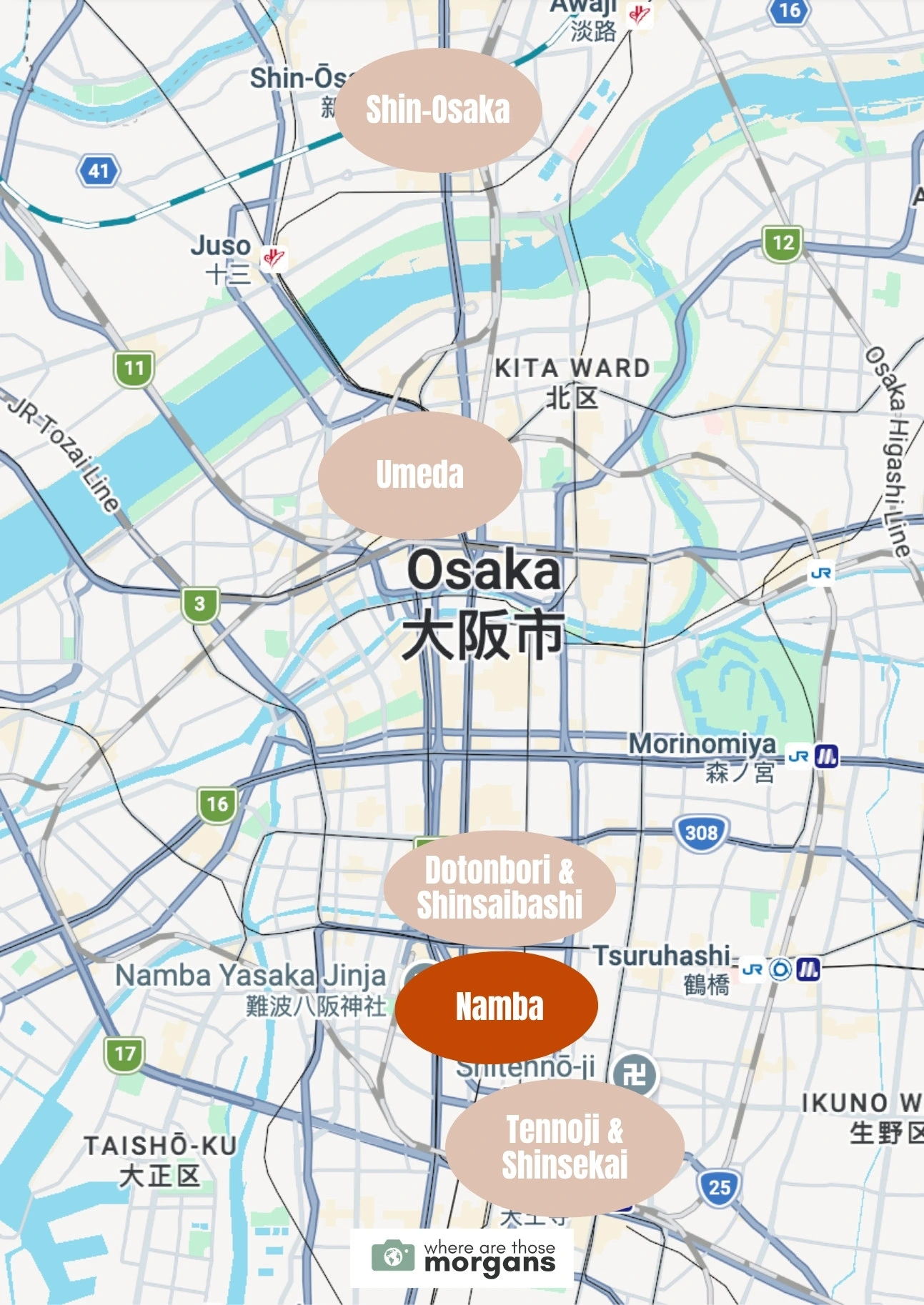 Map showing the location of the Namba neighborhood within Osaka