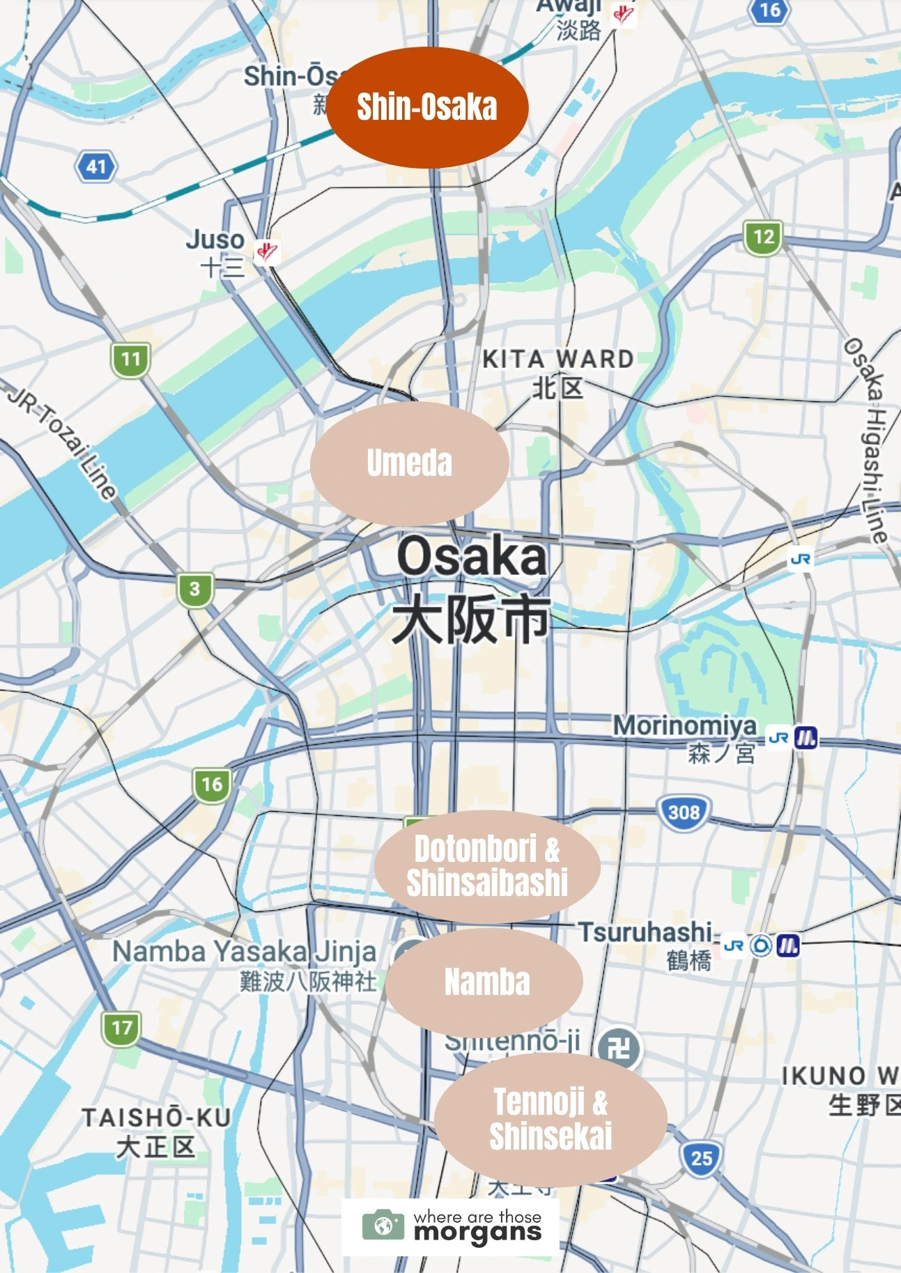 Map showing the location of the Shin-Osaka area within Osaka