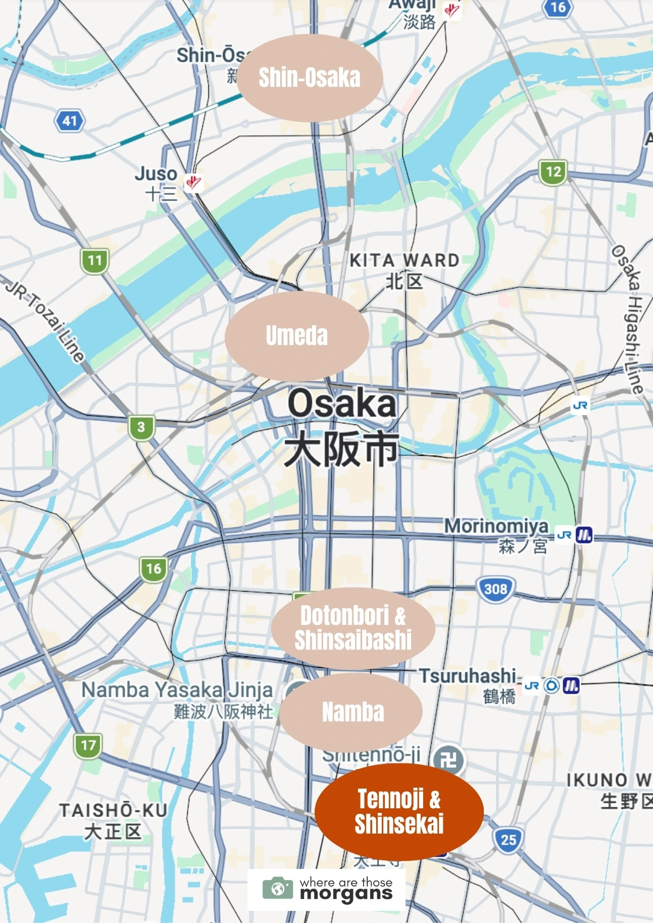 Map showing the location of the Tennoji and Shinsekai neighborhoods within Osaka