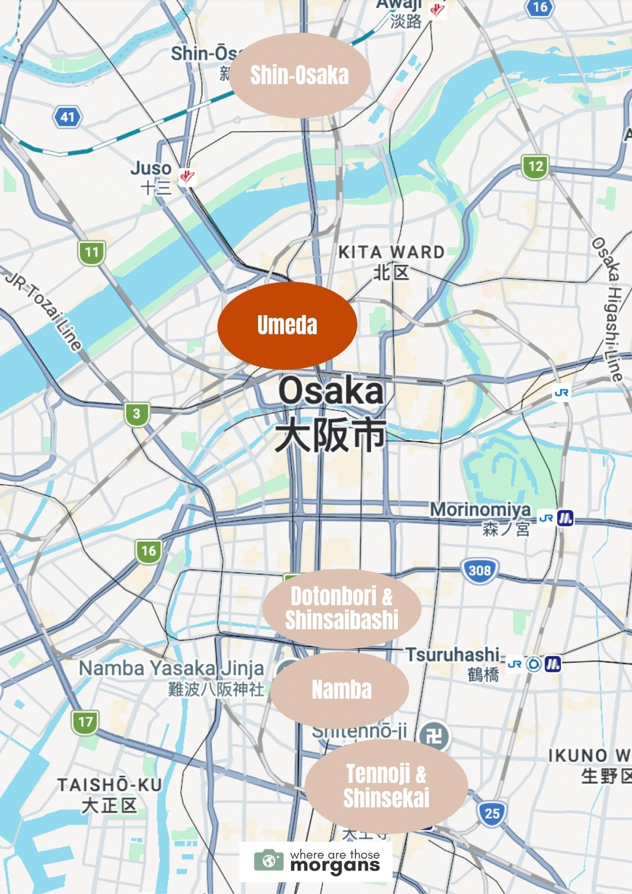 Map showing the location of the Umeda neighborhood within Osaka