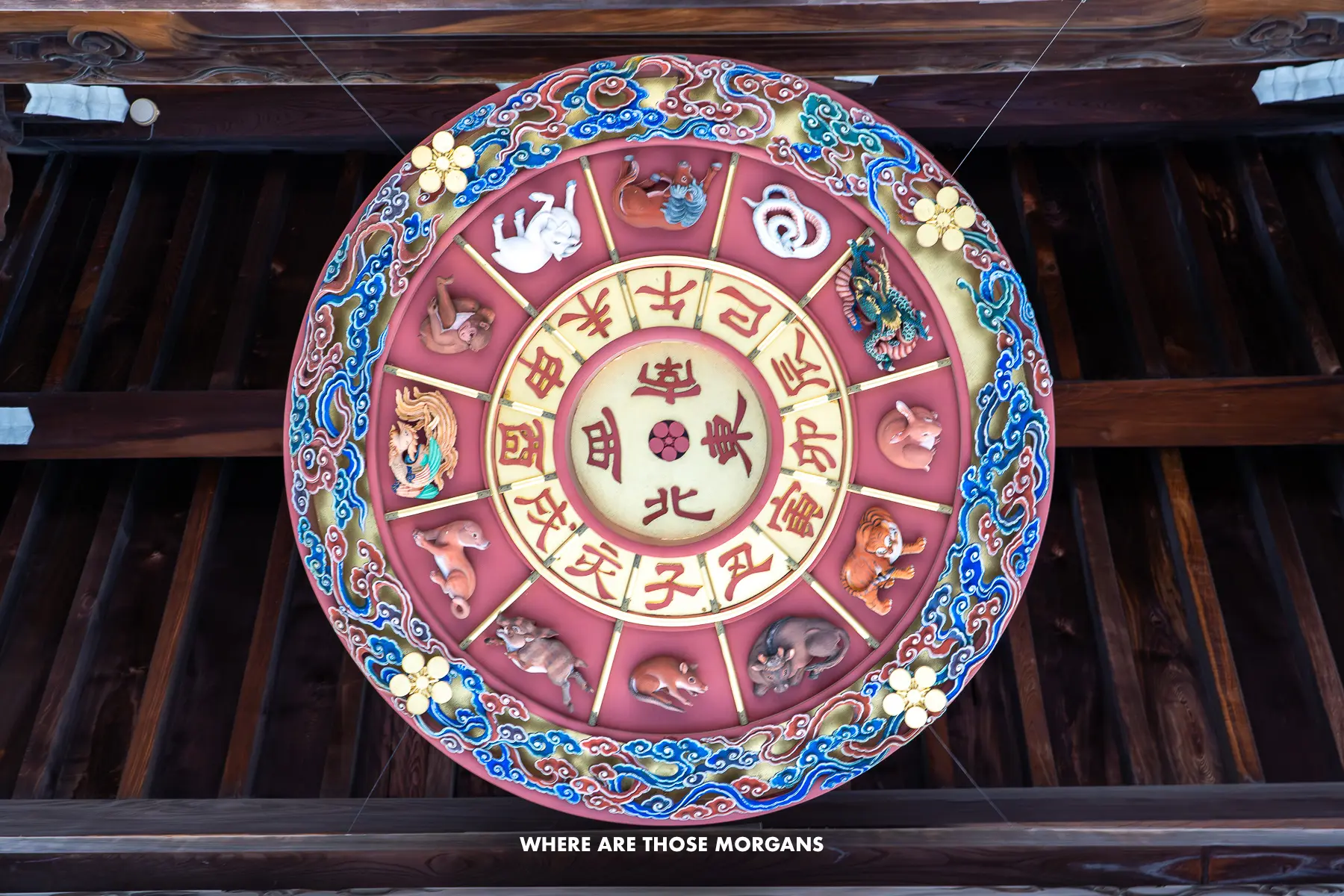 Looking up at a large zodiac compass at a shinto shrine in Japan