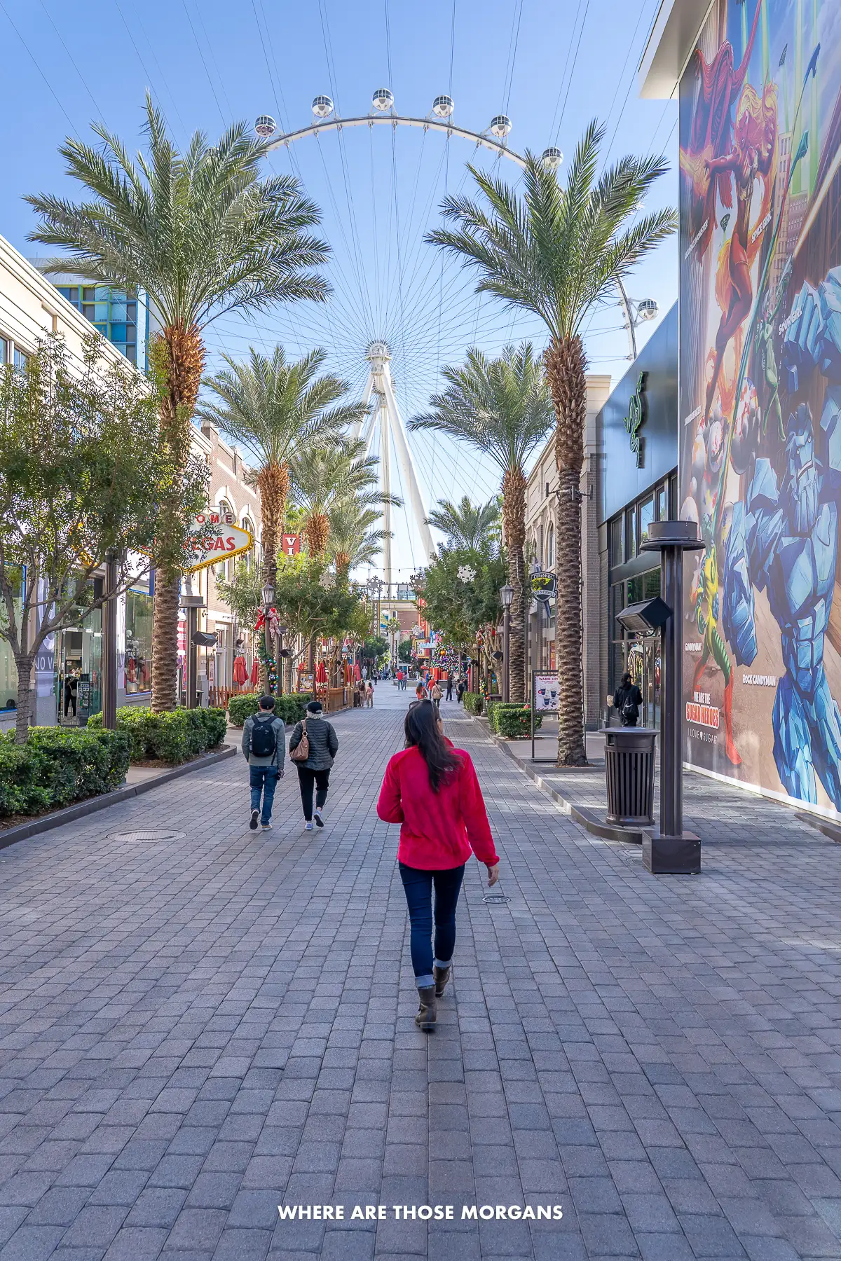 Kristen from Where Are Those Morgans walking down the Linq promenade towards the High Roller in Las Vegas