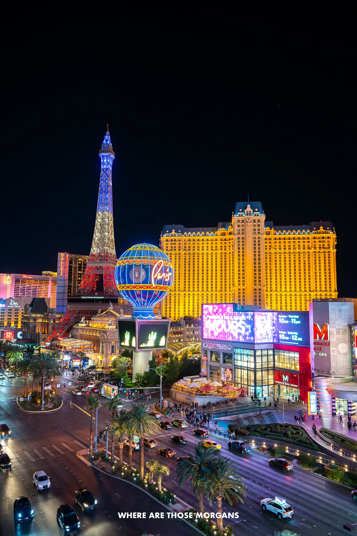 Night photo of the Las Vegas Strip with hotels and attractions lit up