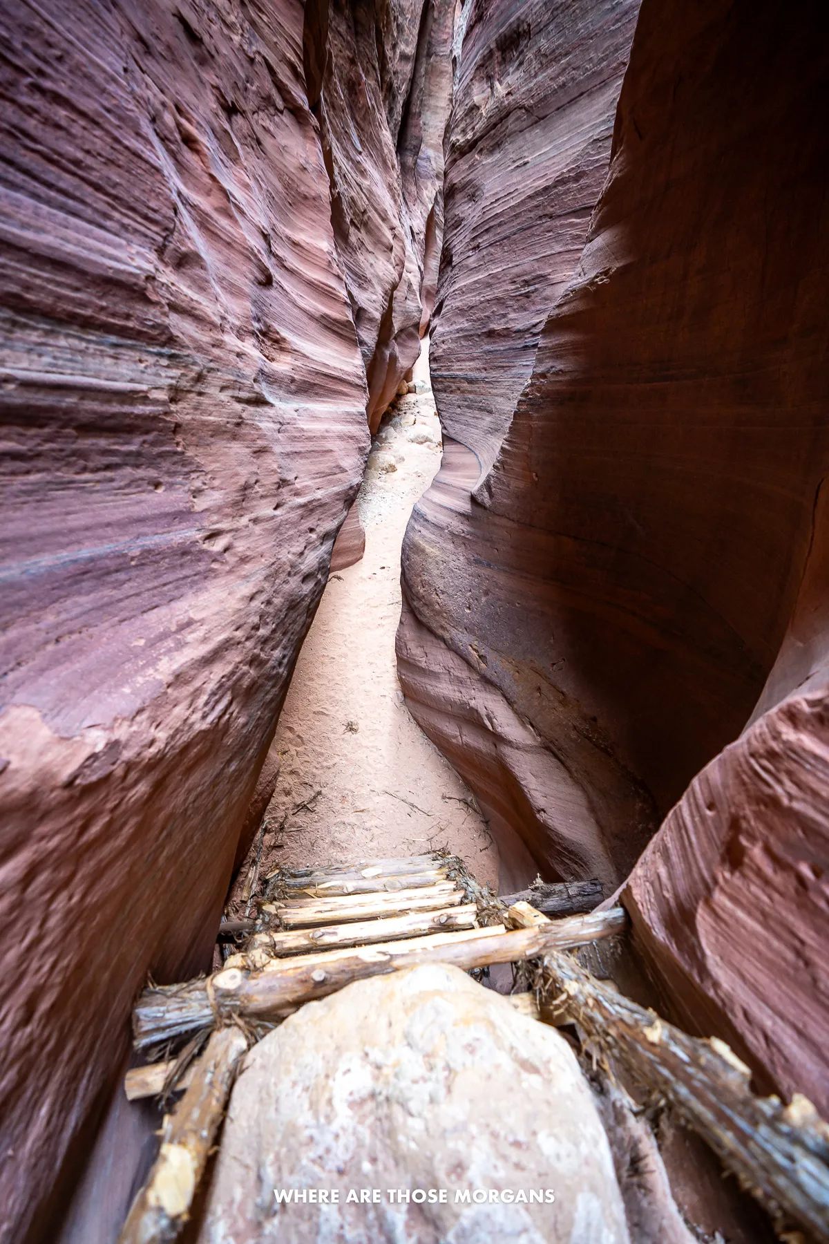 Wooden ladder leading down a ledge inside a very narrow and tall slot canyon near Kanab Utah