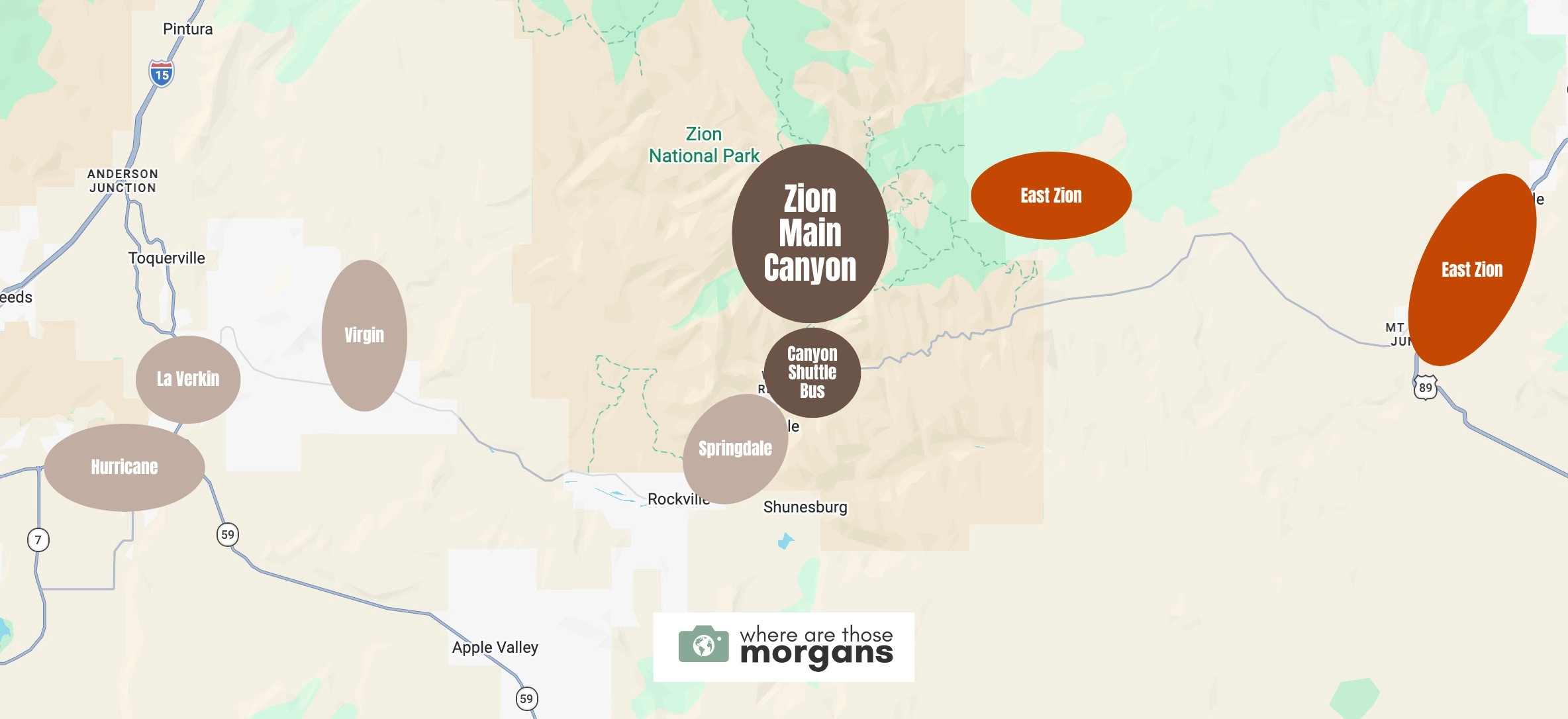 Map showing the location of East Zion compared to other popular areas to stay near Zion main canyon