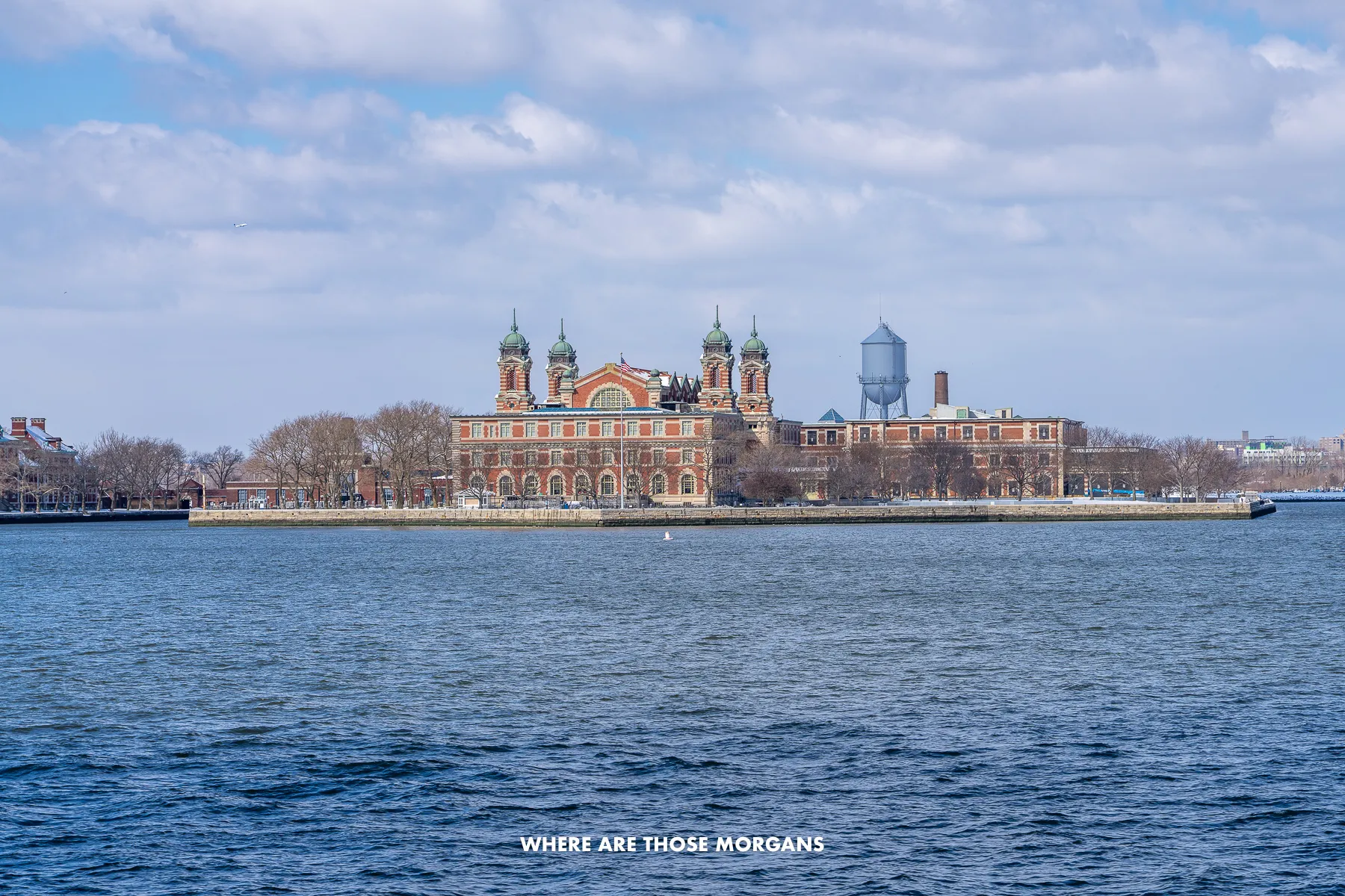 Looking at Ellis Island from a ferry on the water