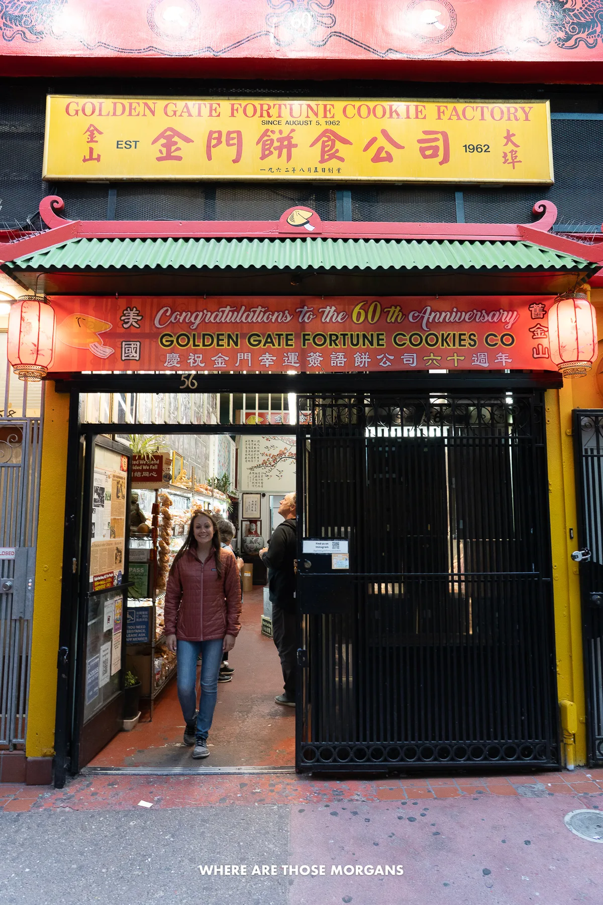 Kristen from Where Are Those Morgans walking out of Golden Gate Fortune Cookie Factory in Chinatown SF