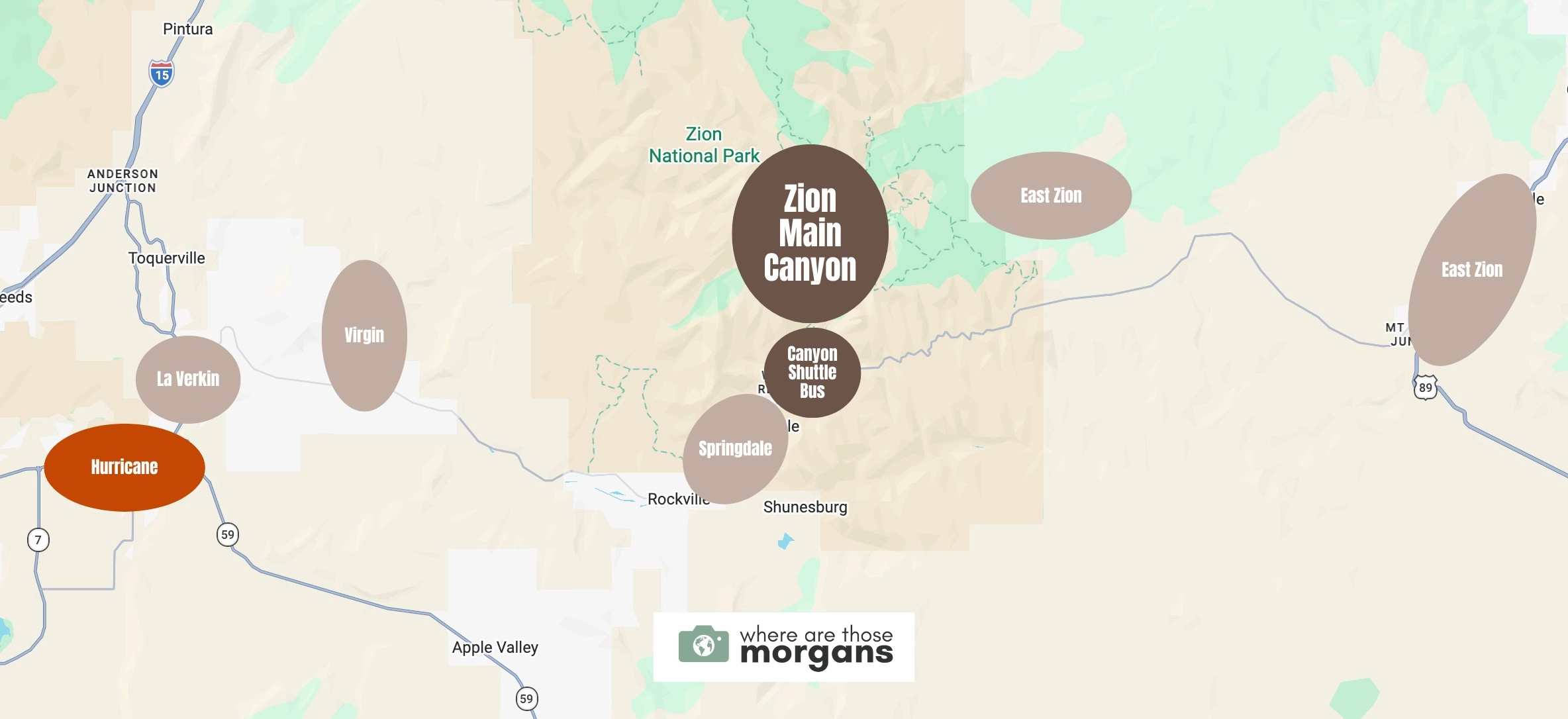 Map showing the location of Hurricane compared to other popular areas to stay near Zion main canyon