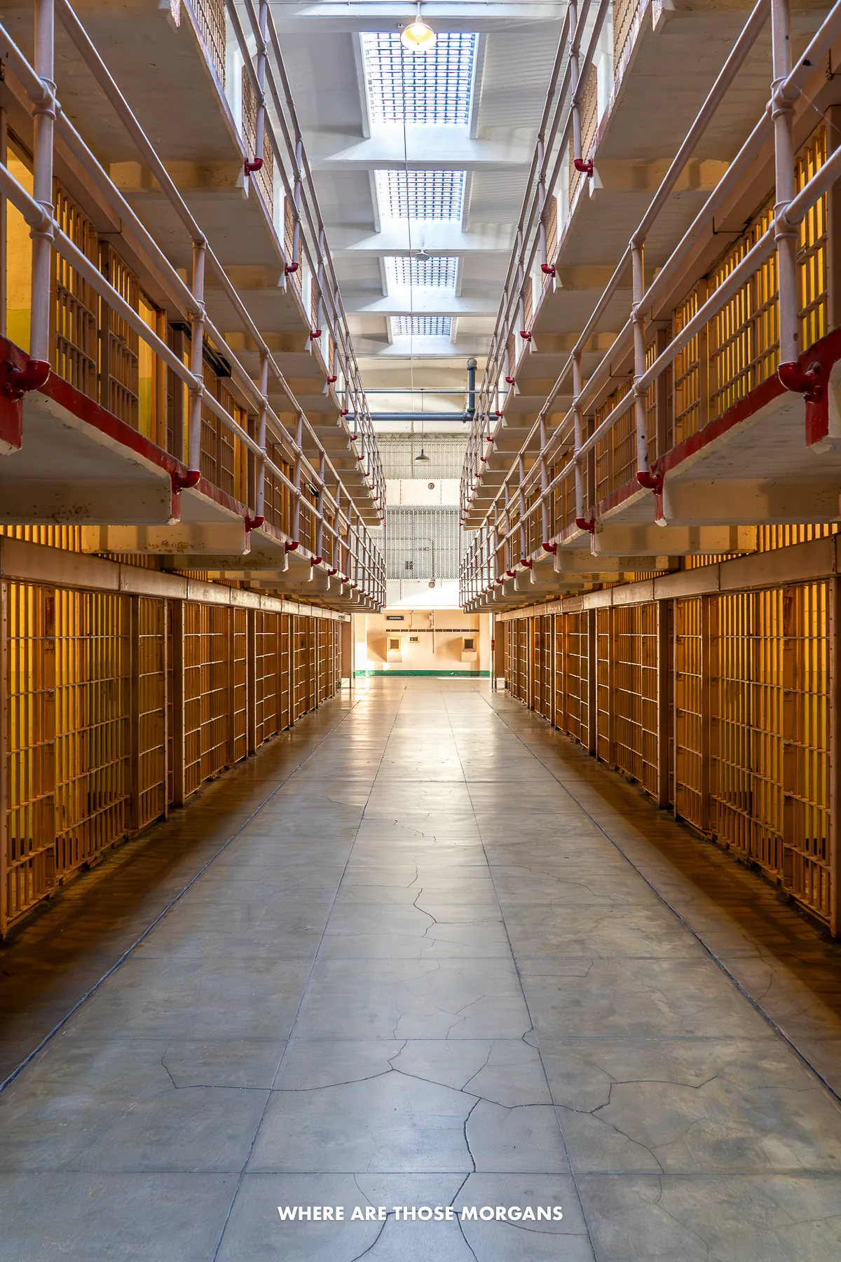 Old prison row inside Alcatraz on a tour