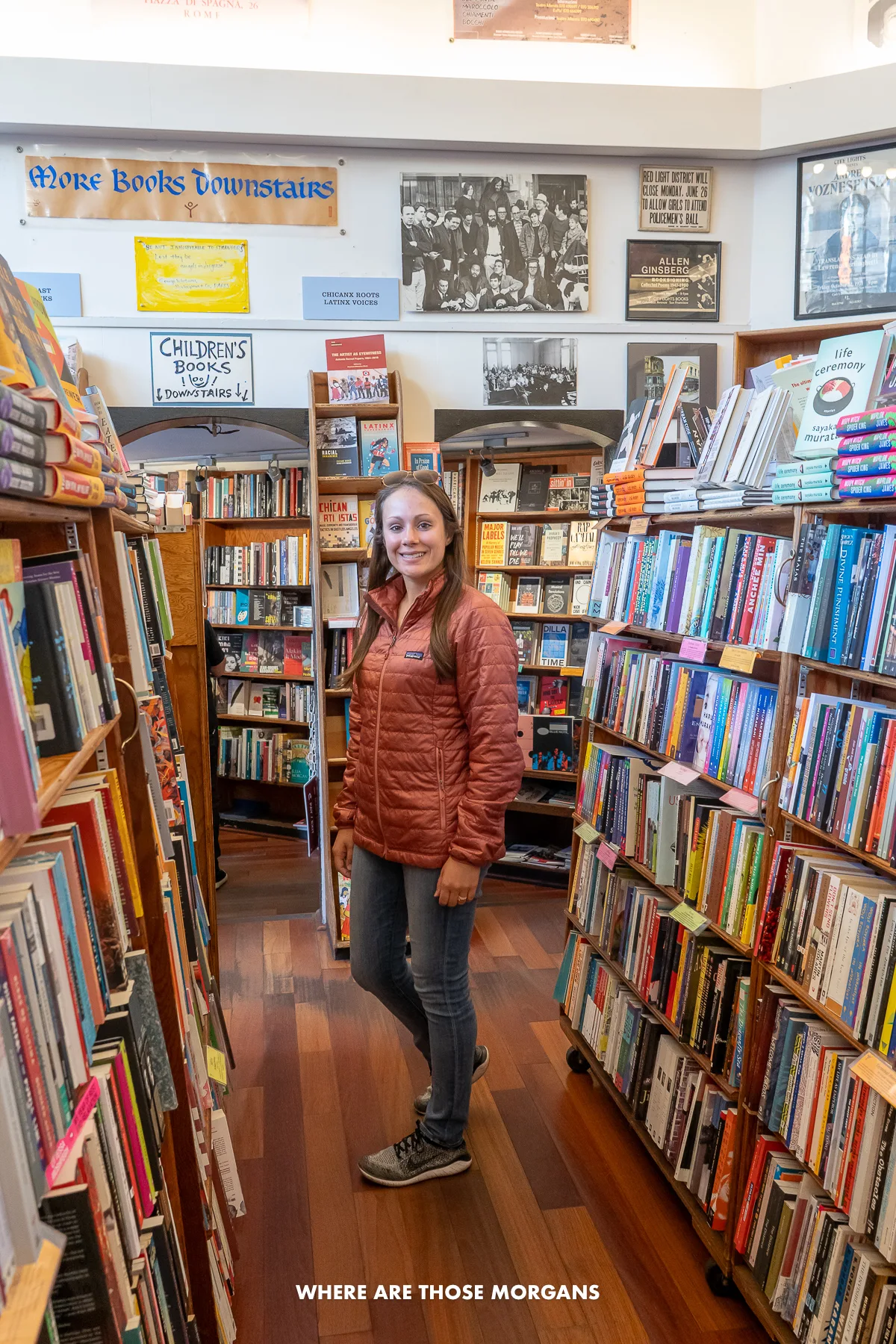 Kristen from Where Are Those Morgans browsing books in City Lights Bookstore in SF