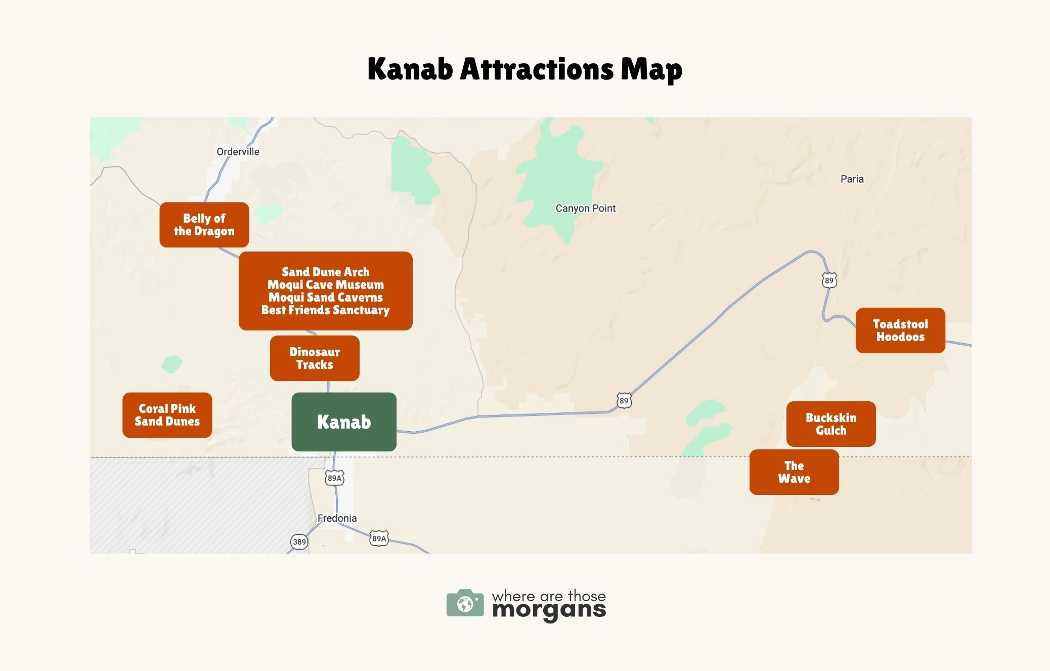Screenshot of a Kanab Utah map with orange color blocks and white text showing the locations of top attractions for first timers to visit, and a green color block with white text showing the location of Kanab - created by Where Are Those Morgans
