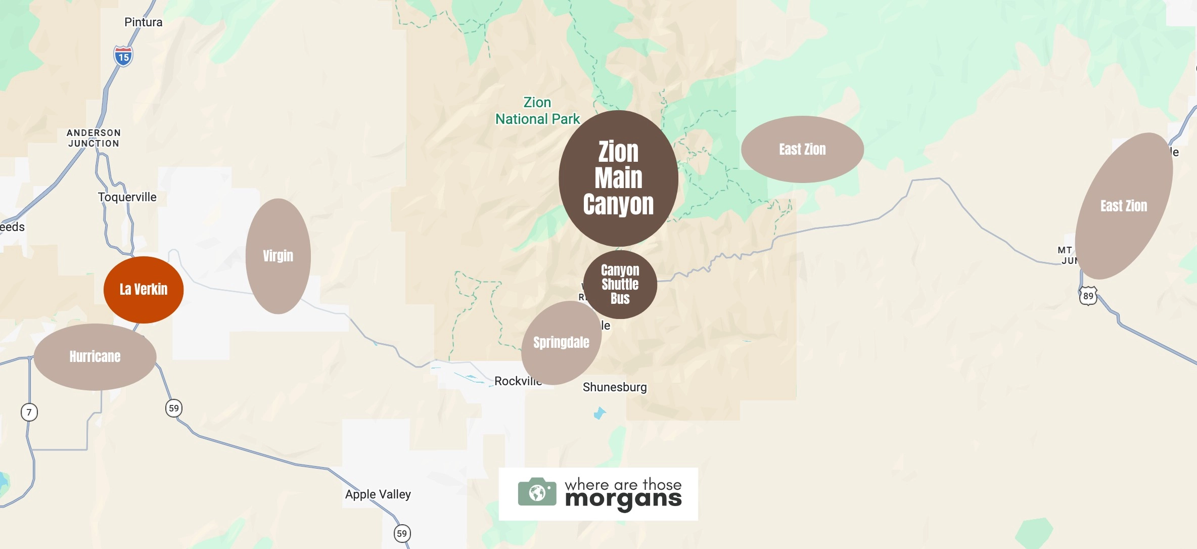 Map showing the location of La Verkin compared to other popular areas to stay near Zion main canyon