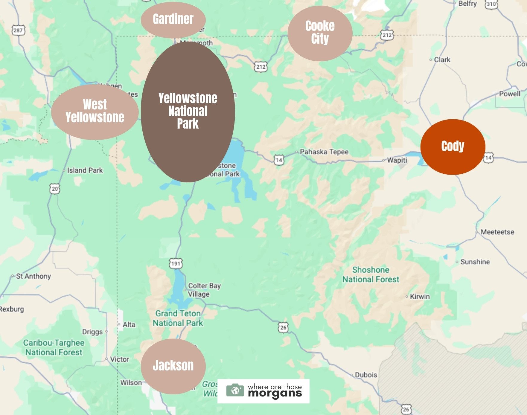 Map showing the location of Cody compared to other Yellowstone gateway towns