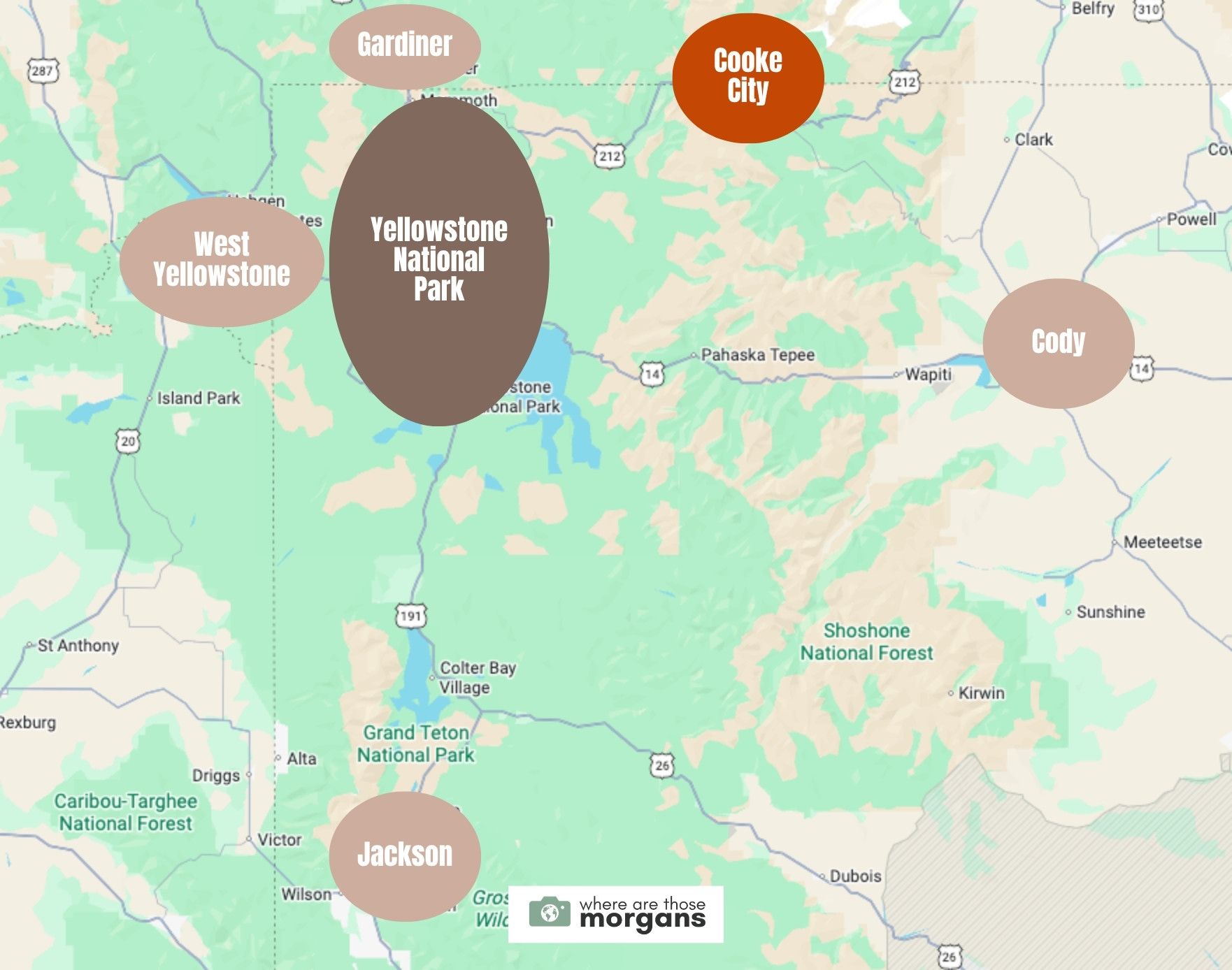 Map showing the location of Cooke City compared to other Yellowstone gateway towns