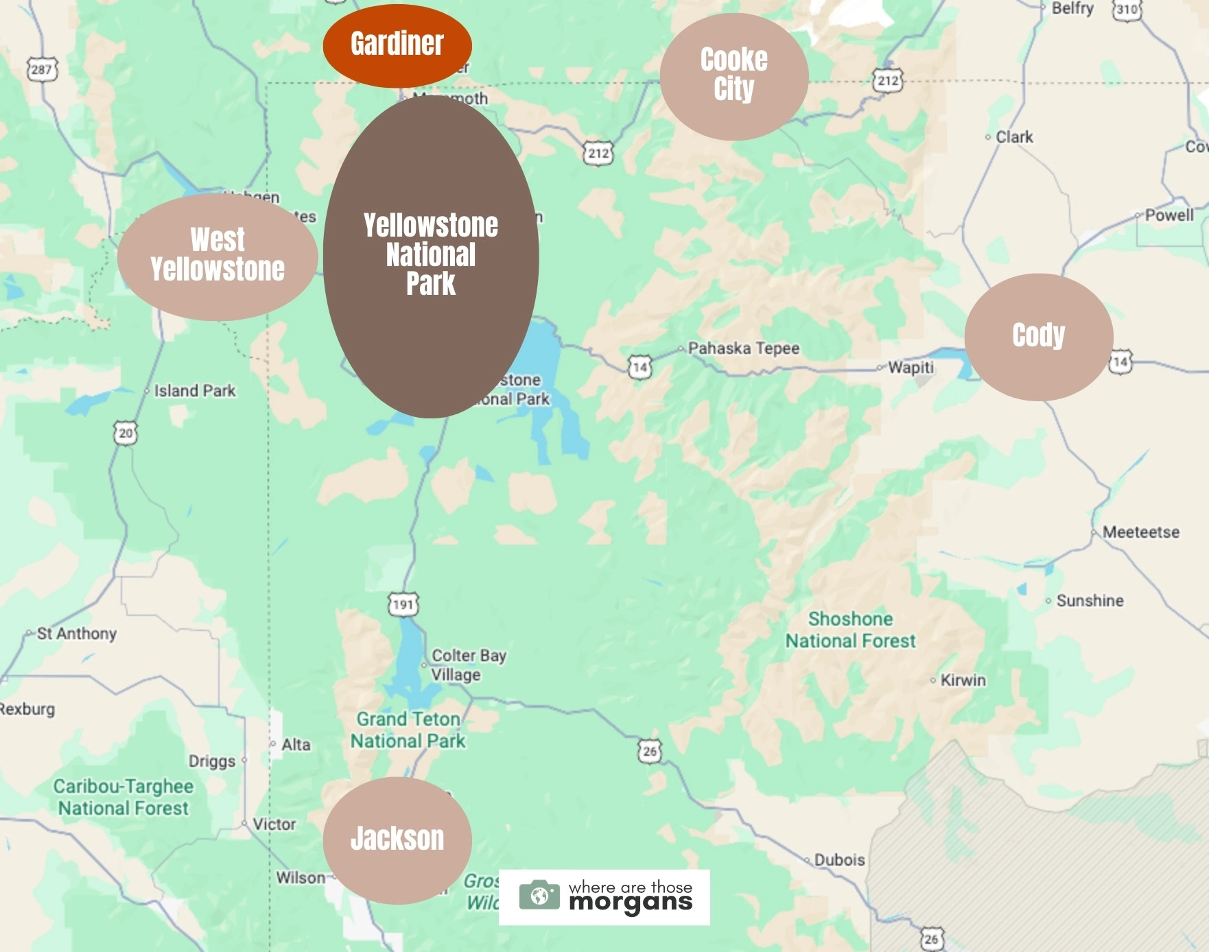 Map showing the location of Gardiner compared to other Yellowstone gateway towns