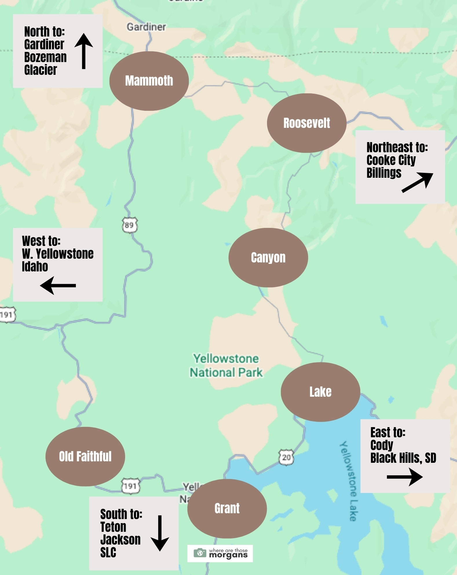 Map showing the locations of Yellowstone park lodging within the park boundaries, along with arrows pointing directions to nearby major entrances, towns and cities