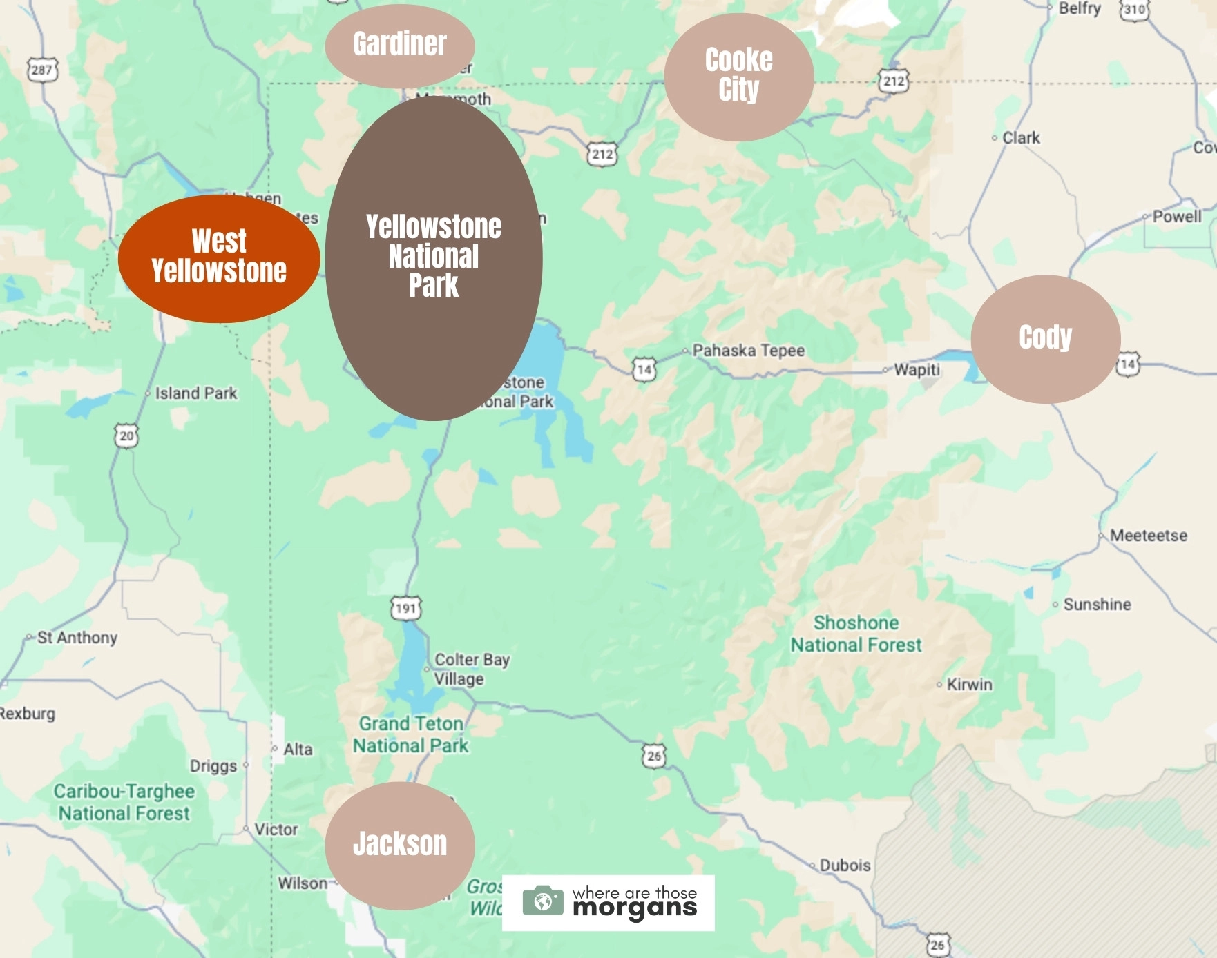 Map showing the location of West Yellowstone compared to other Yellowstone gateway towns
