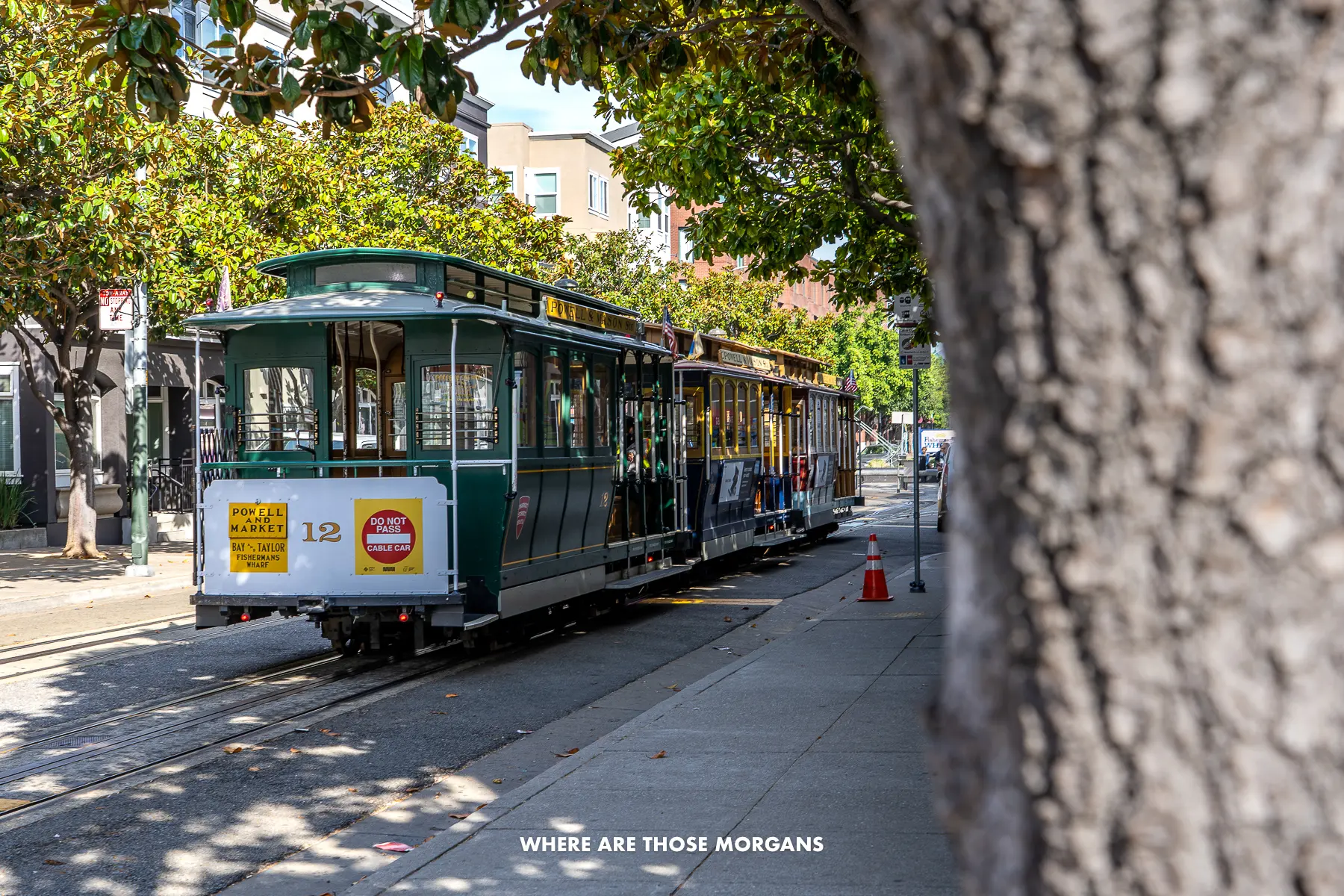 A stationary cable car in San Francisco next to trees
