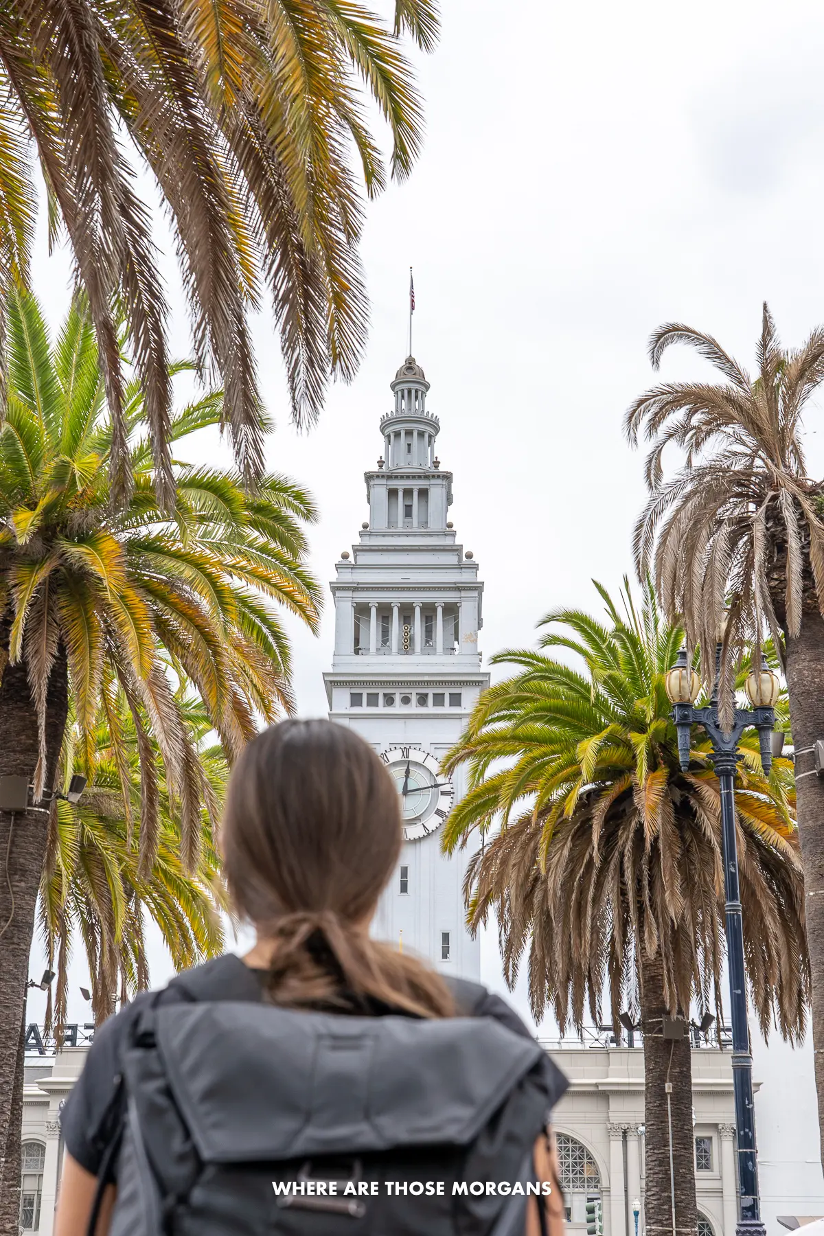 Kristen from Where Are Those Morgans looking up at SF Ferry Building between palm trees