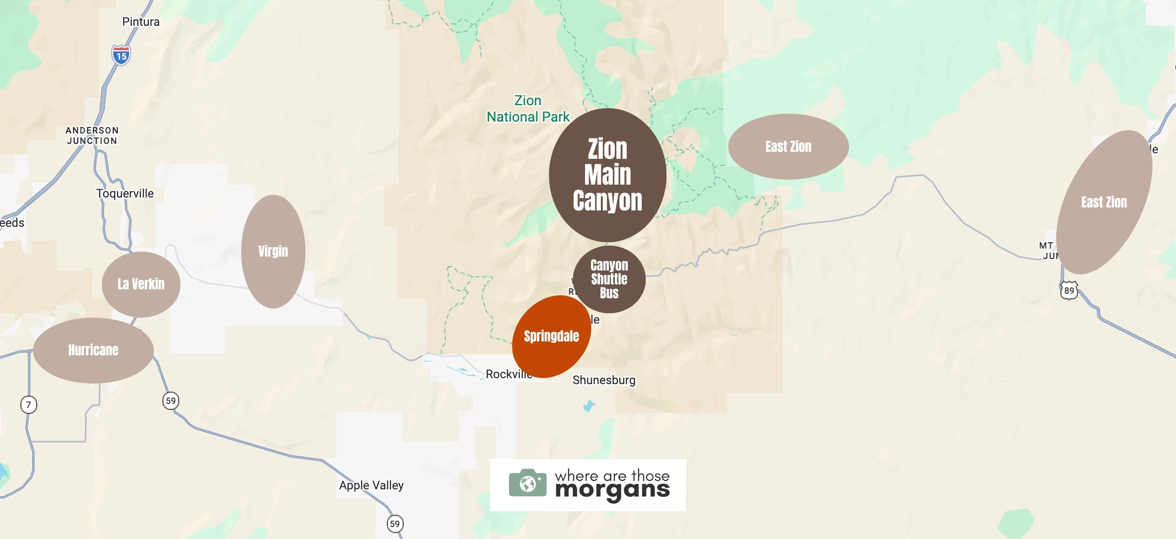 Map showing the location of Springdale compared to other popular areas to stay near Zion main canyon