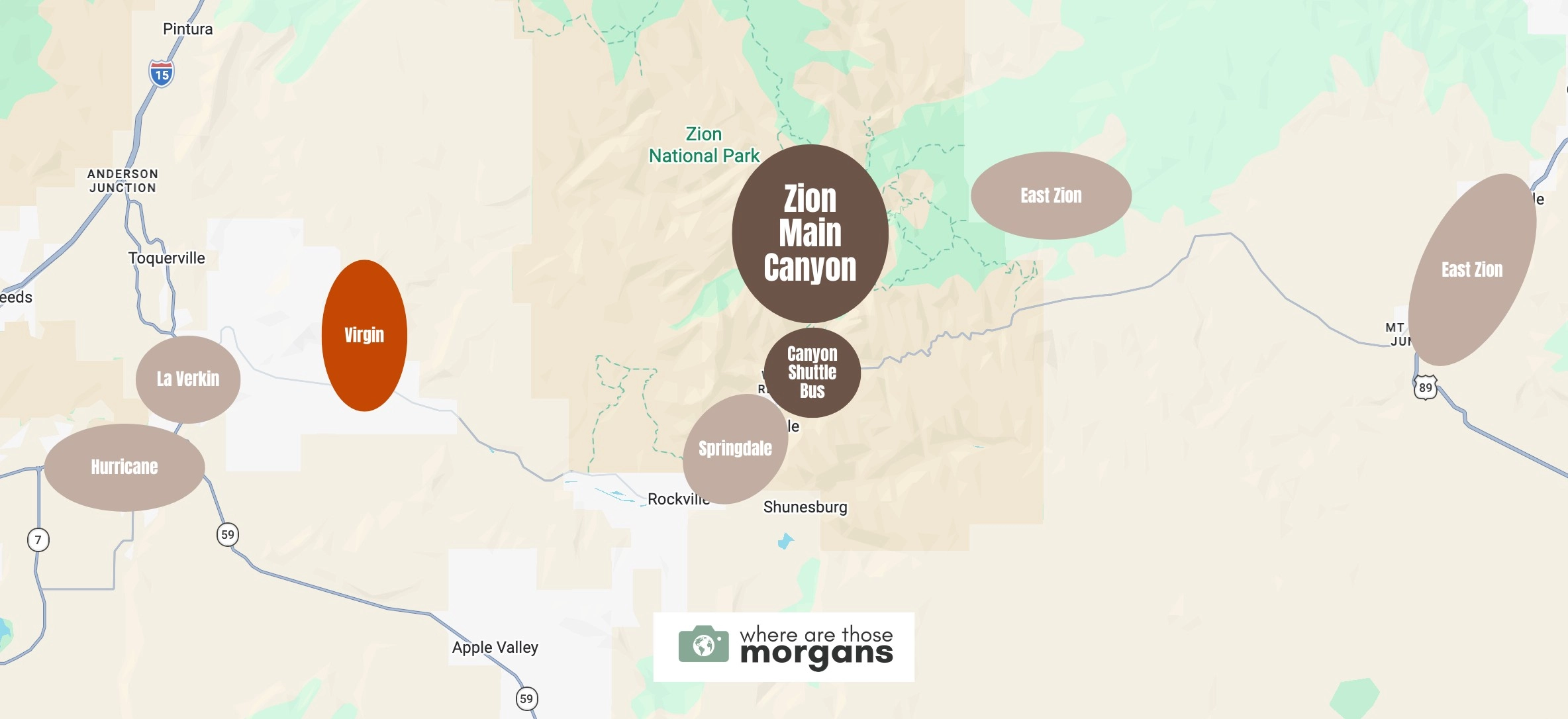 Map showing the location of Virgin compared to other popular areas to stay near Zion main canyon