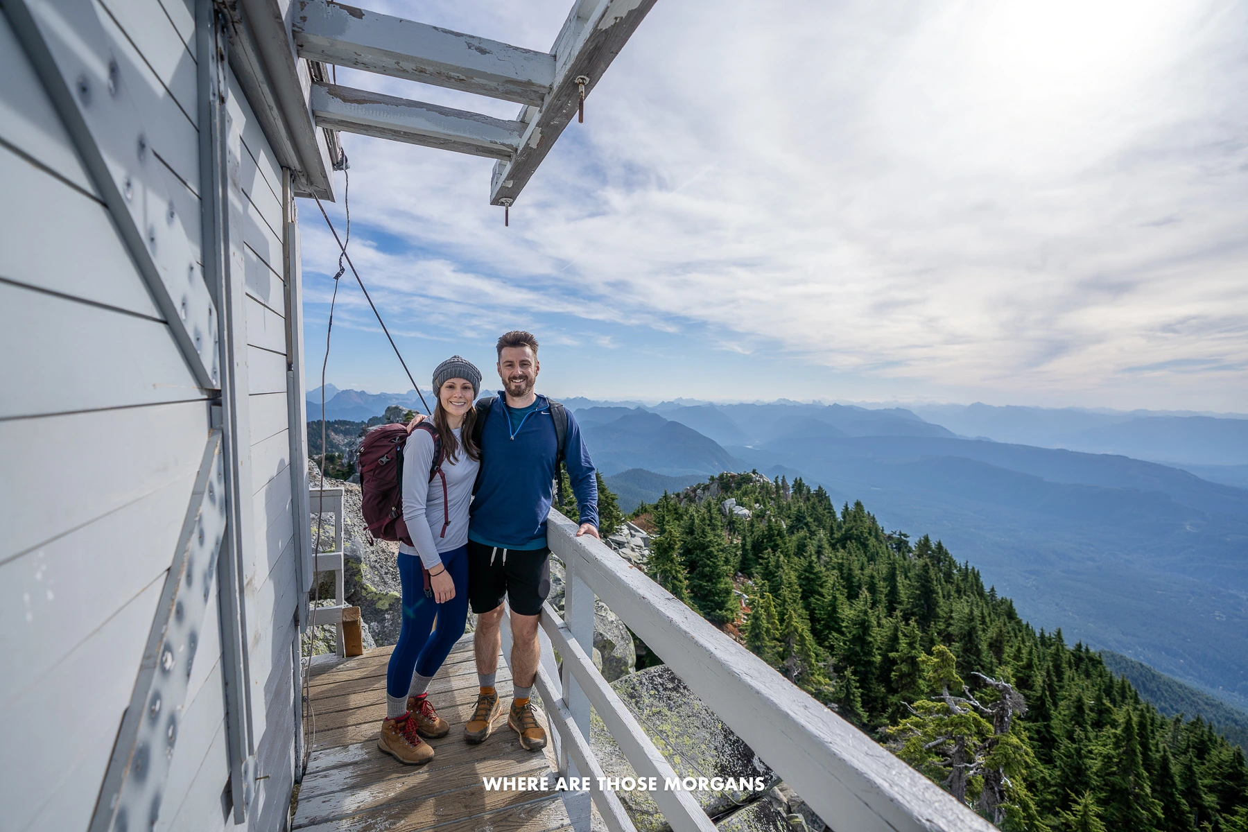 Mark and Kristen from Where Are Those Morgans on the outside of Mt Pilchuck fire lookout