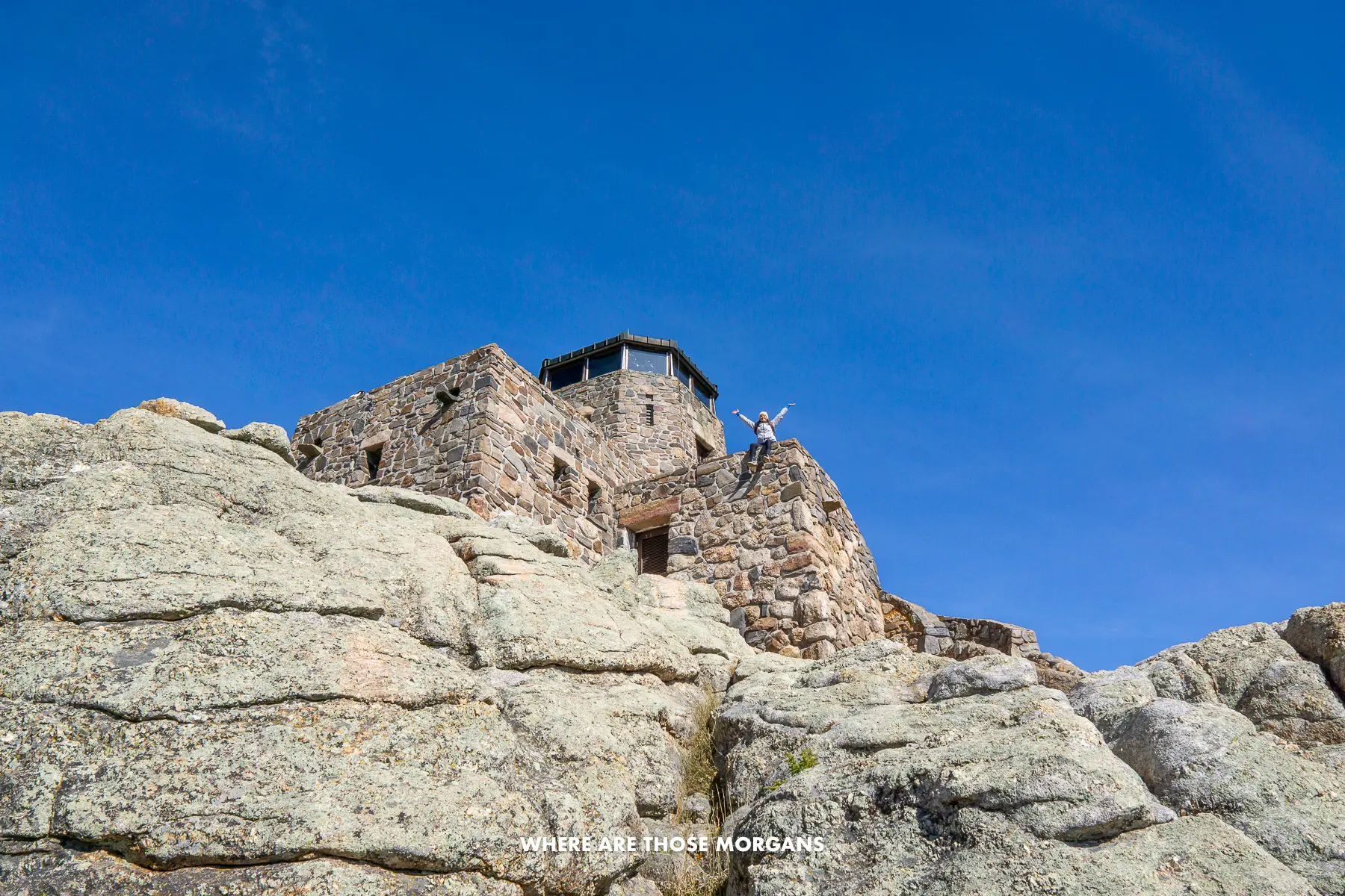 Kristen from Where Are Those Morgans sat on Harney Peak fire tower in the Black Hills