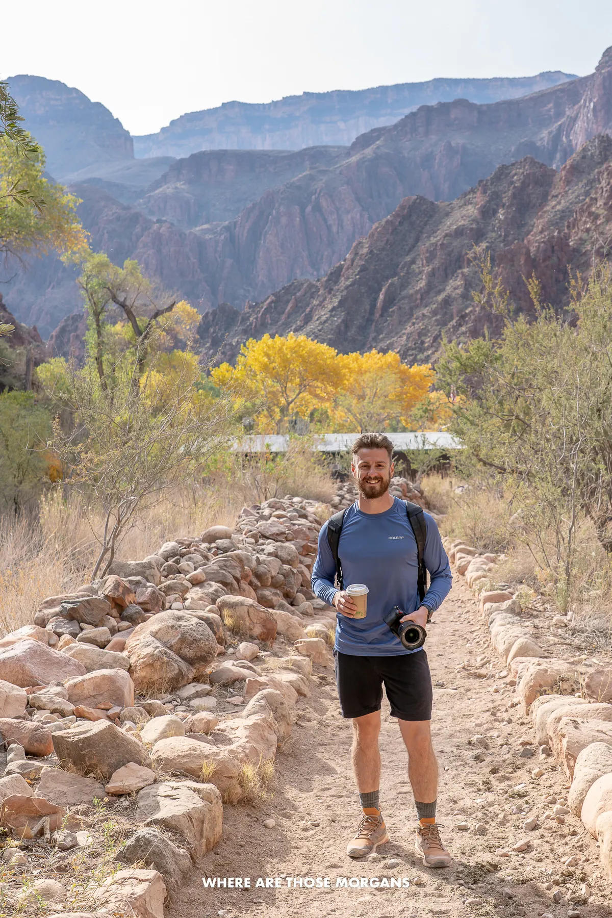 Mark from Where Are Those Morgans drinking a hot chocolate at Phantom Ranch on the bottom of the Grand Canyon