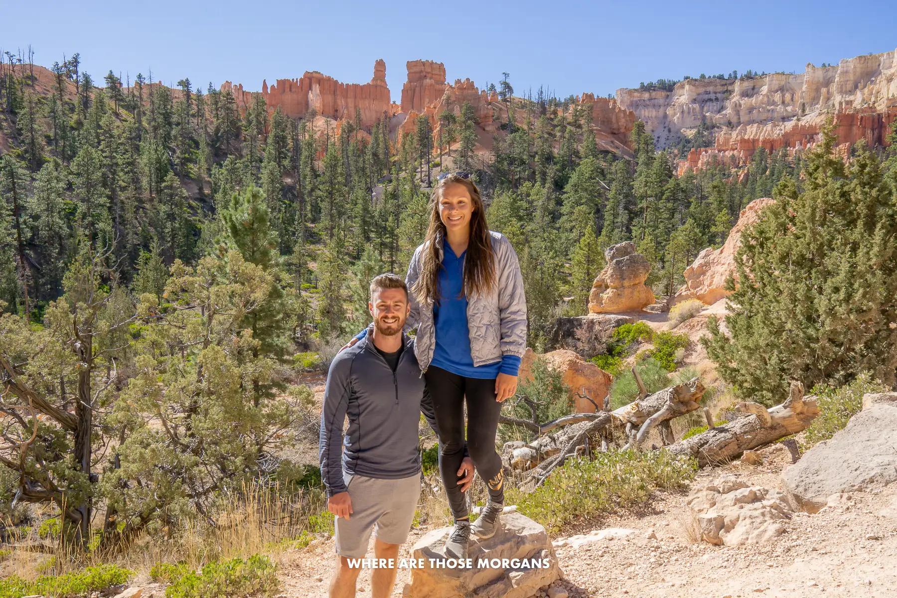 Mark and Kristen from Where Are Those Morgans hiking Queens Garden in Bryce Canyon