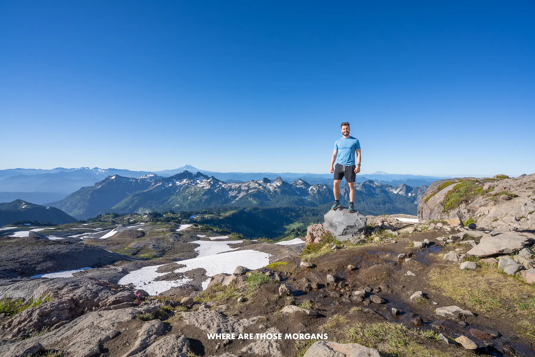 Mark from Where Are Those Morgans at summit of Skyline Trail in Washington with far reaching views over mountains and volcanoes