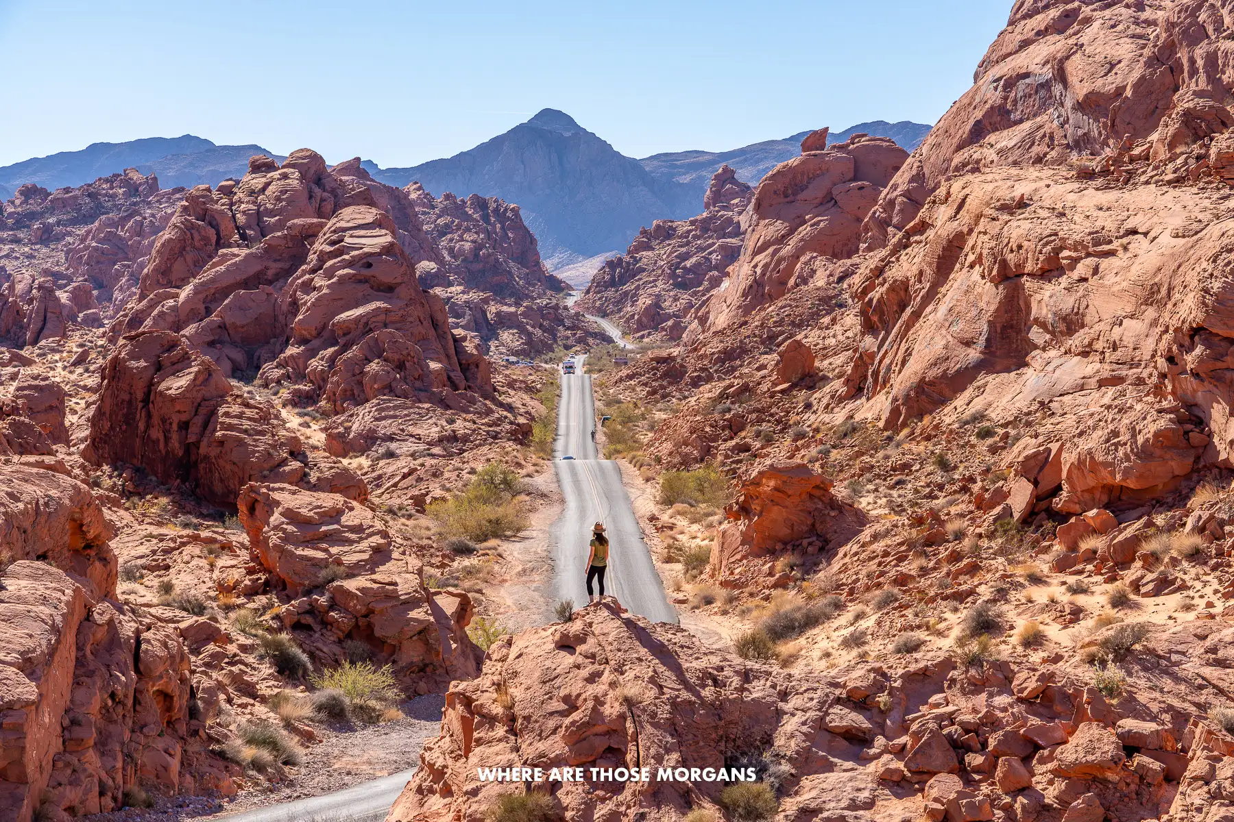 Photographer standing on red rocks for a photo in Valley of Fire
