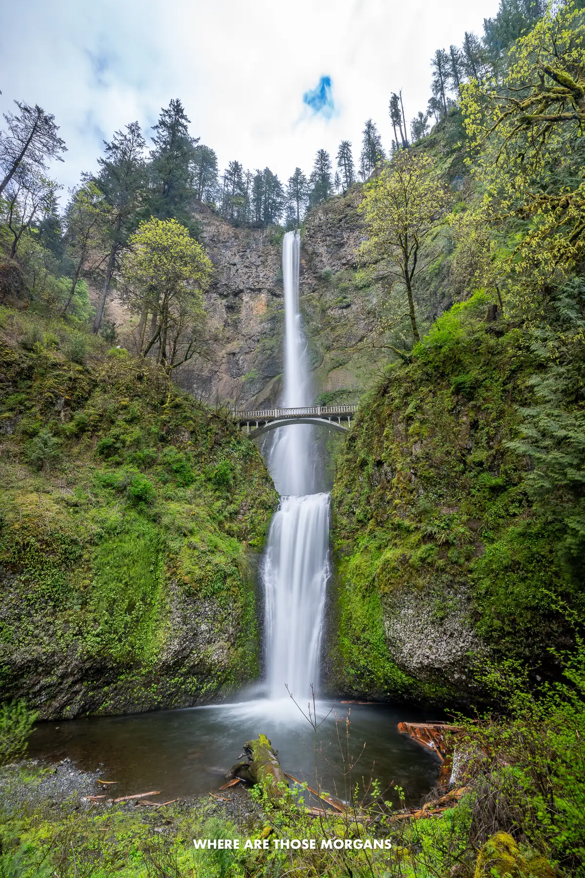 The full top to bottom of Multnomah Falls waterfall in Oregon