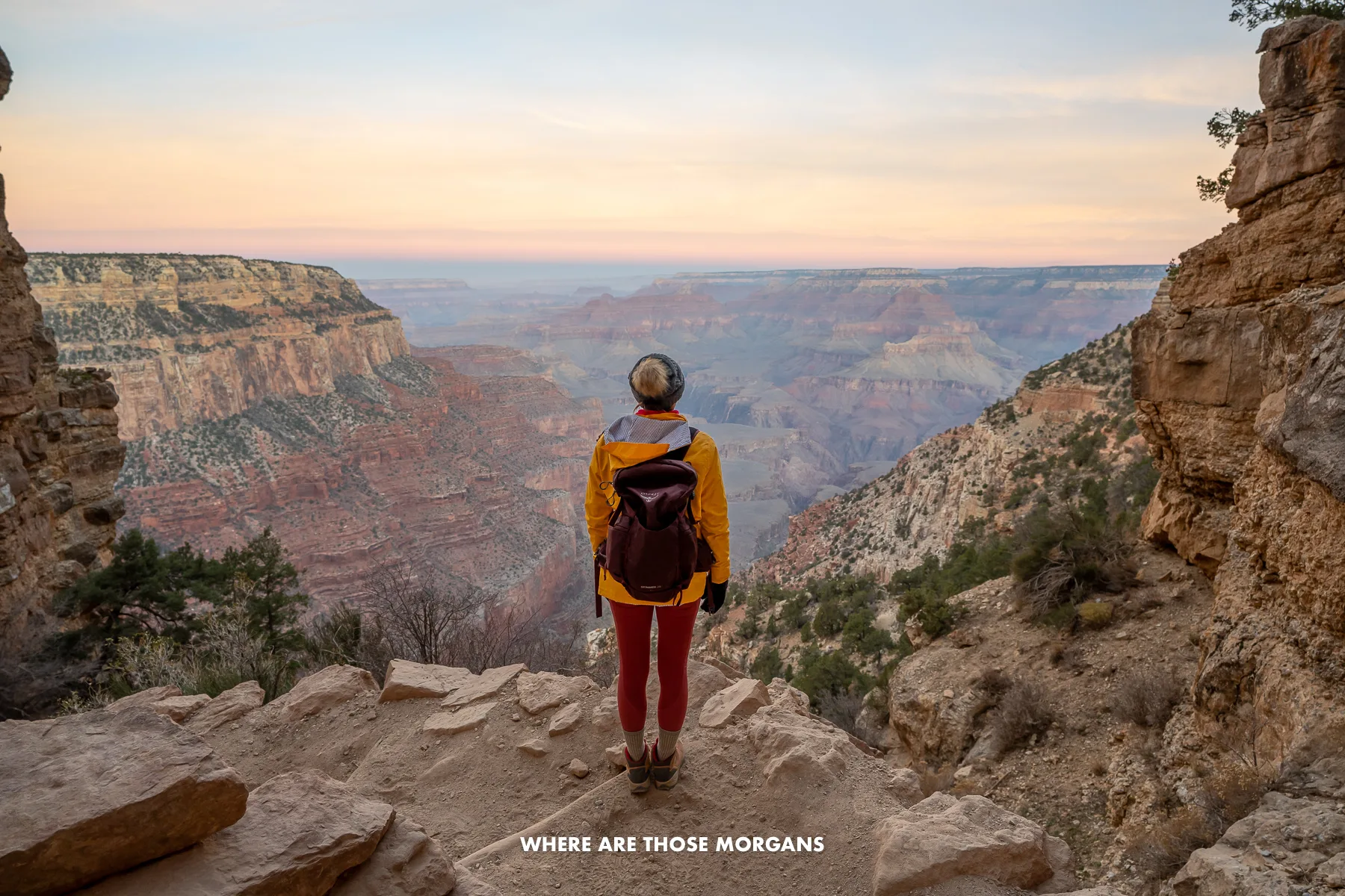 Kristen from Where Are Those Morgans hiking down into the Grand Canyon at dawn