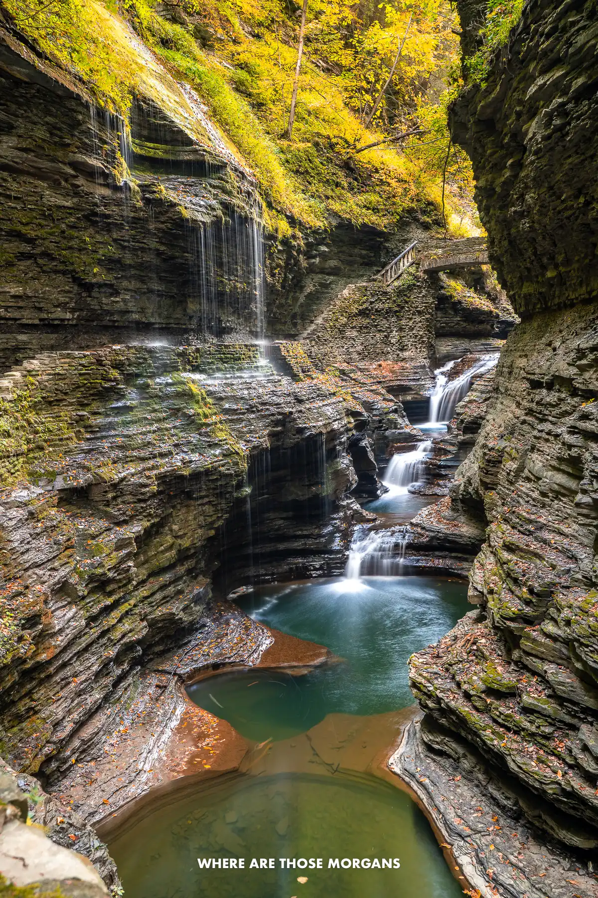Narrow gorge with a wispy waterfall running through into small pools