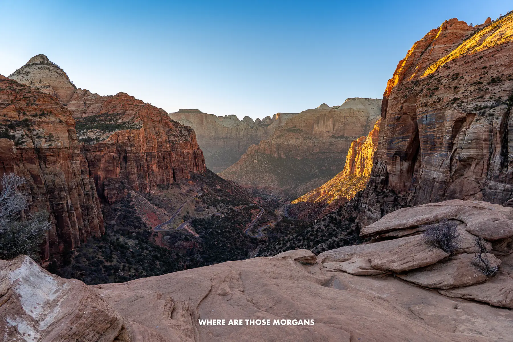 Red rock summit ledge leading to a deep canyon with towering sandstone walls at sunset under a blue sky in Zion