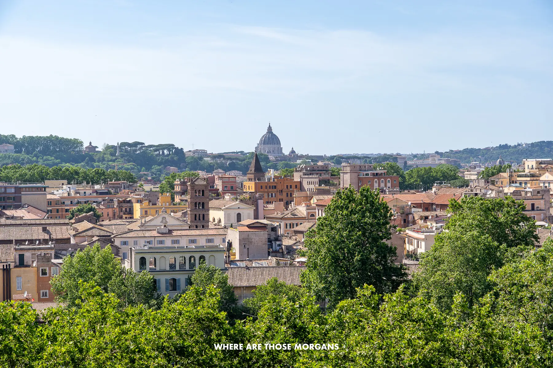 View over Rome from a terrace near Aventine Hill overlooking trees and buildings