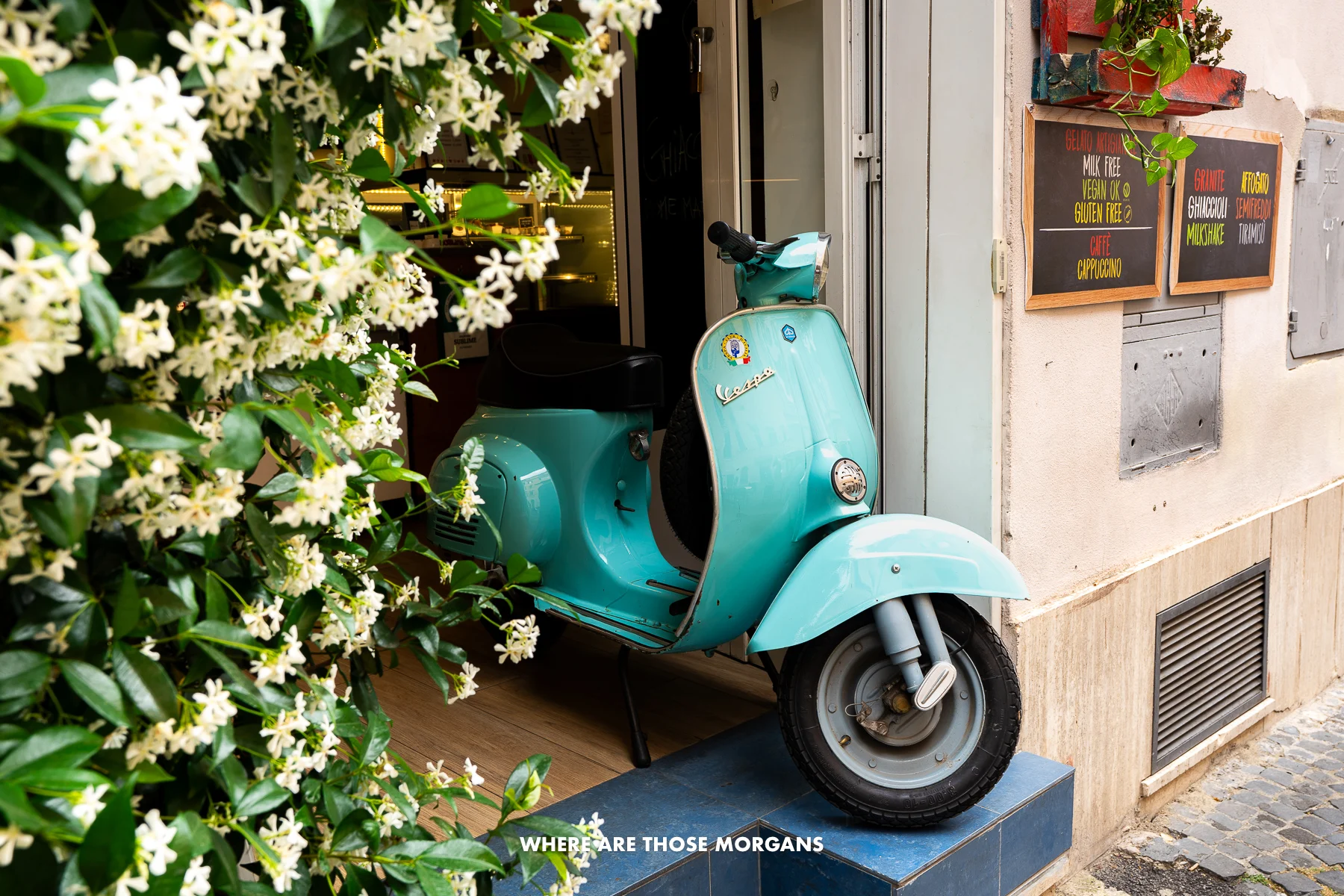 Photo of a Vespa half inside a restaurant next to flowers in Rome