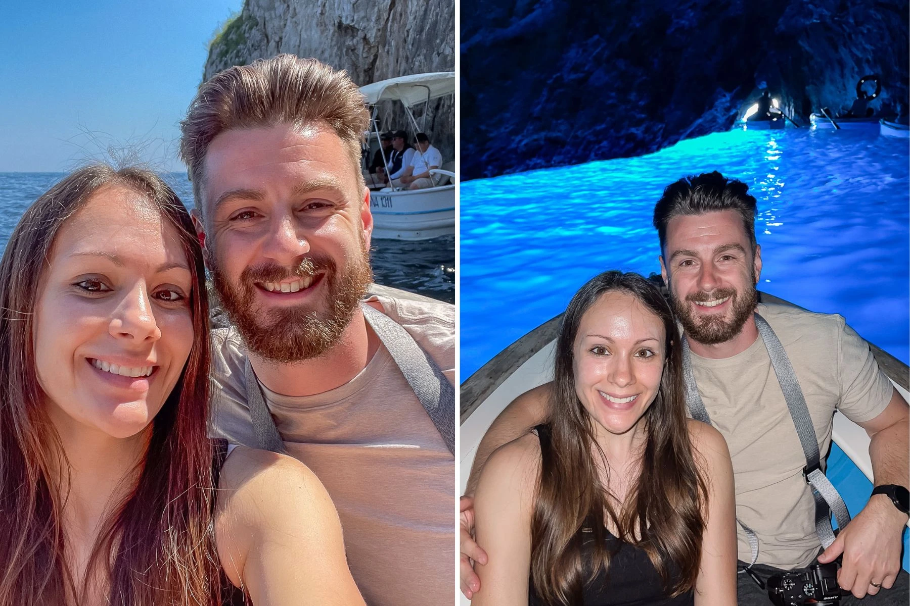 Photos of Mark and Kristen from Where Are Those Morgans sat together in a small wooden rowing boat both outside and inside the Blue Grotto sea cave in Capri, Italy with bright blue water glowing behind