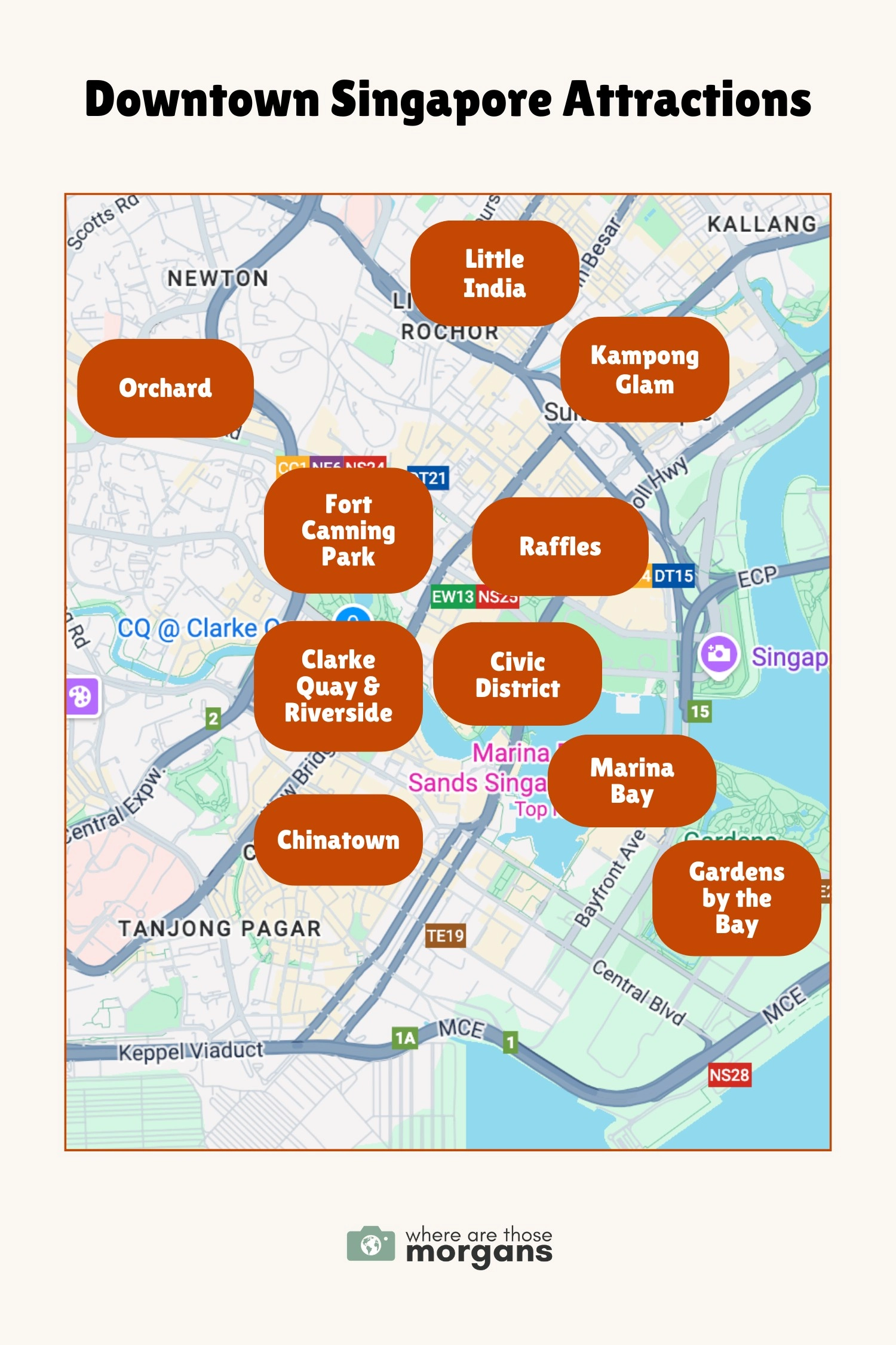 Infographic created by Where Are Those Morgans showing the locations of top tourist attractions in the downtown popular touristy area of Singapore