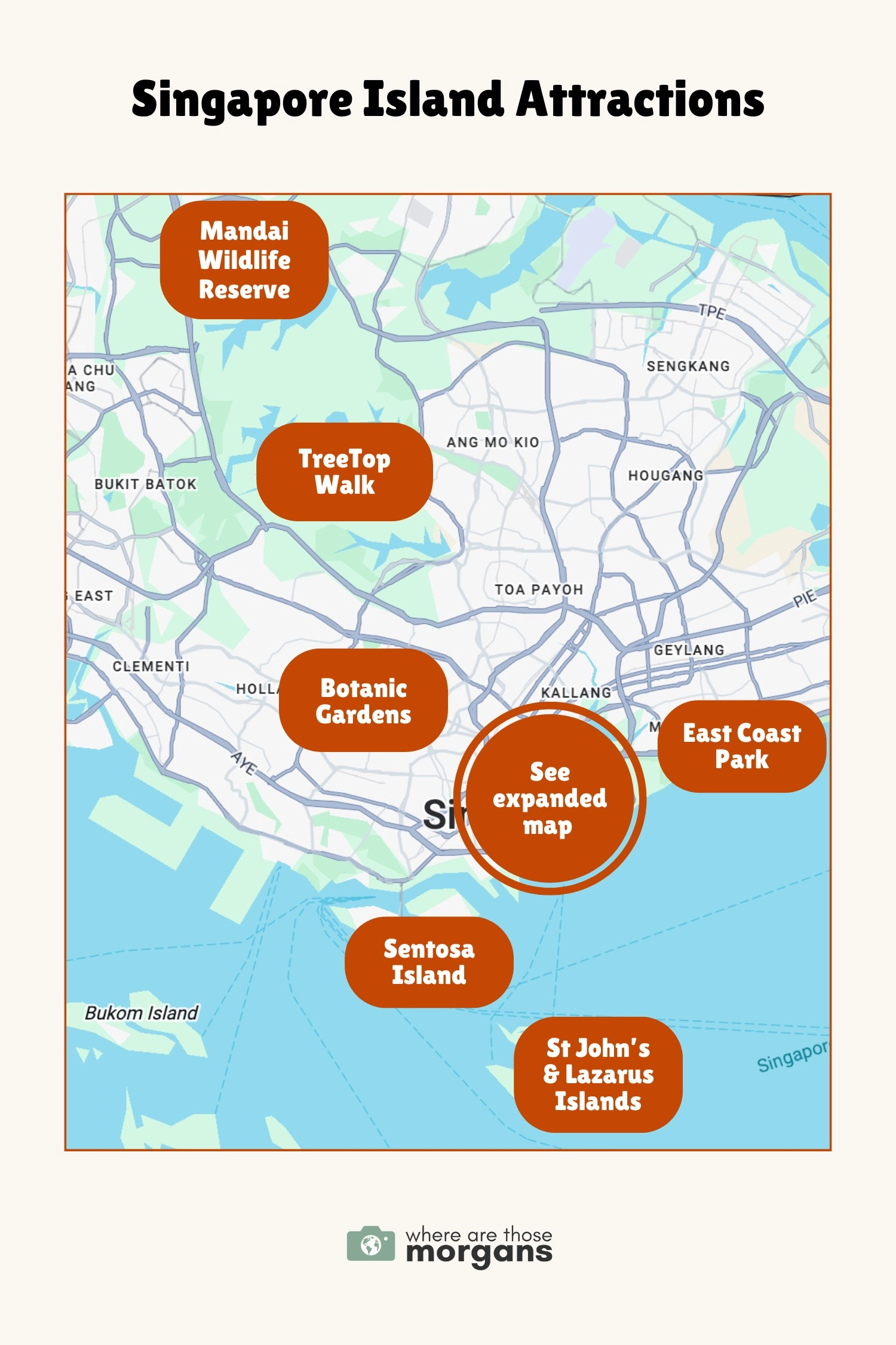 Infographic created by Where Are Those Morgans showing the locations of top tourist attractions across the island of Singapore