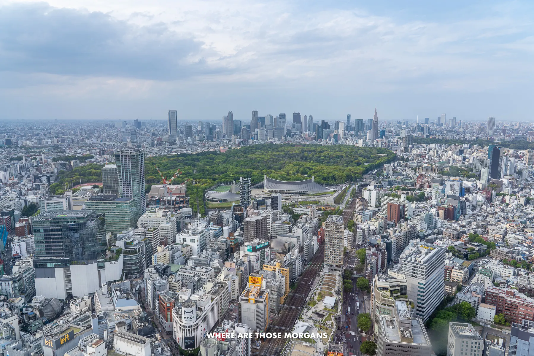 View overlooking buildings and parks in Tokyo from Shibuya Sky observation deck